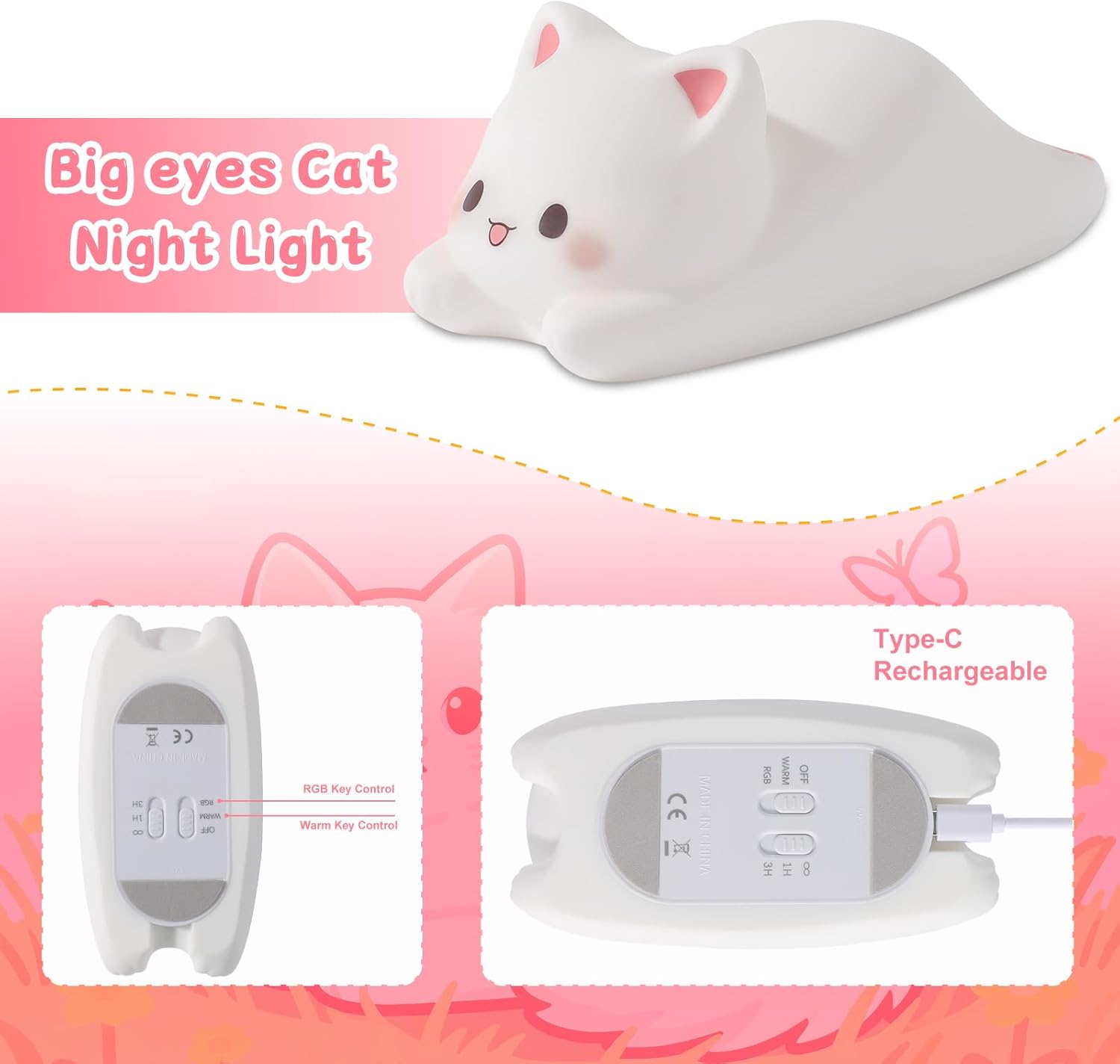 Thumbnail 2 de Veilleuse enfant ZKLiLi en silicone – Chat mignon, tactile, 3 niveaux et charge USB