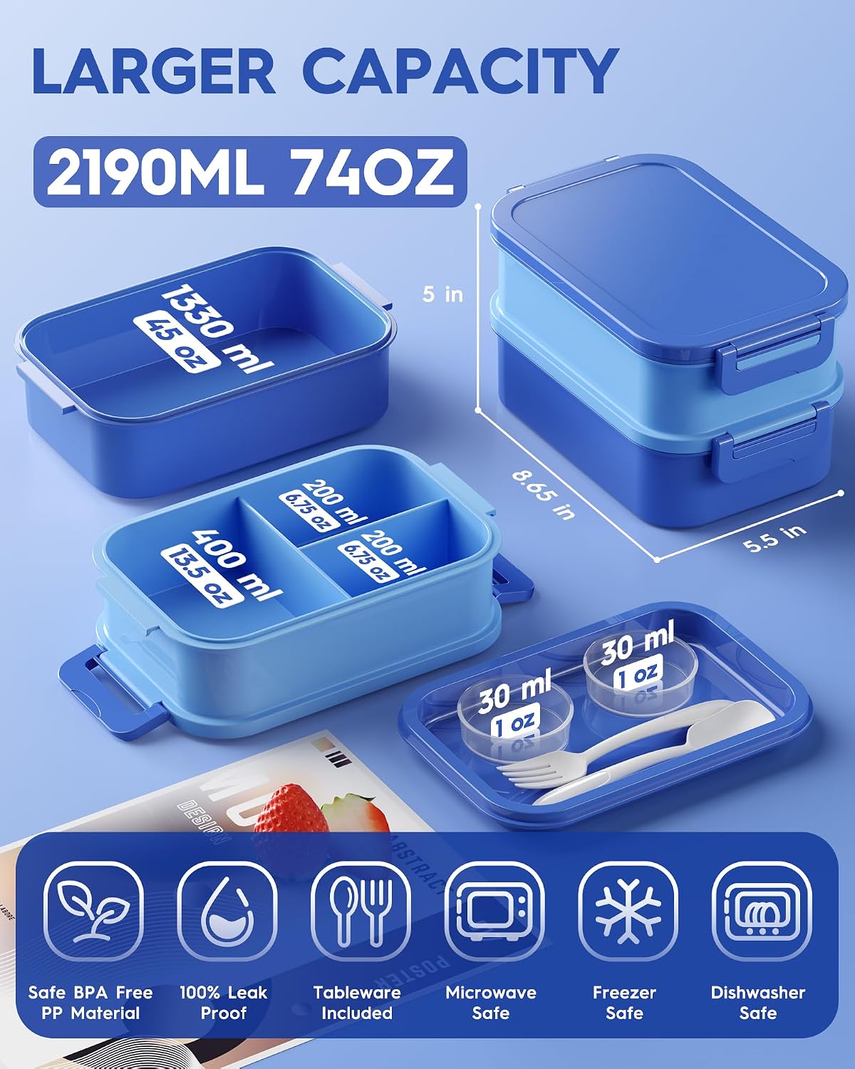 Detalle de KEMETHY 74oz 3-tier Bento Lunch Box 🍱