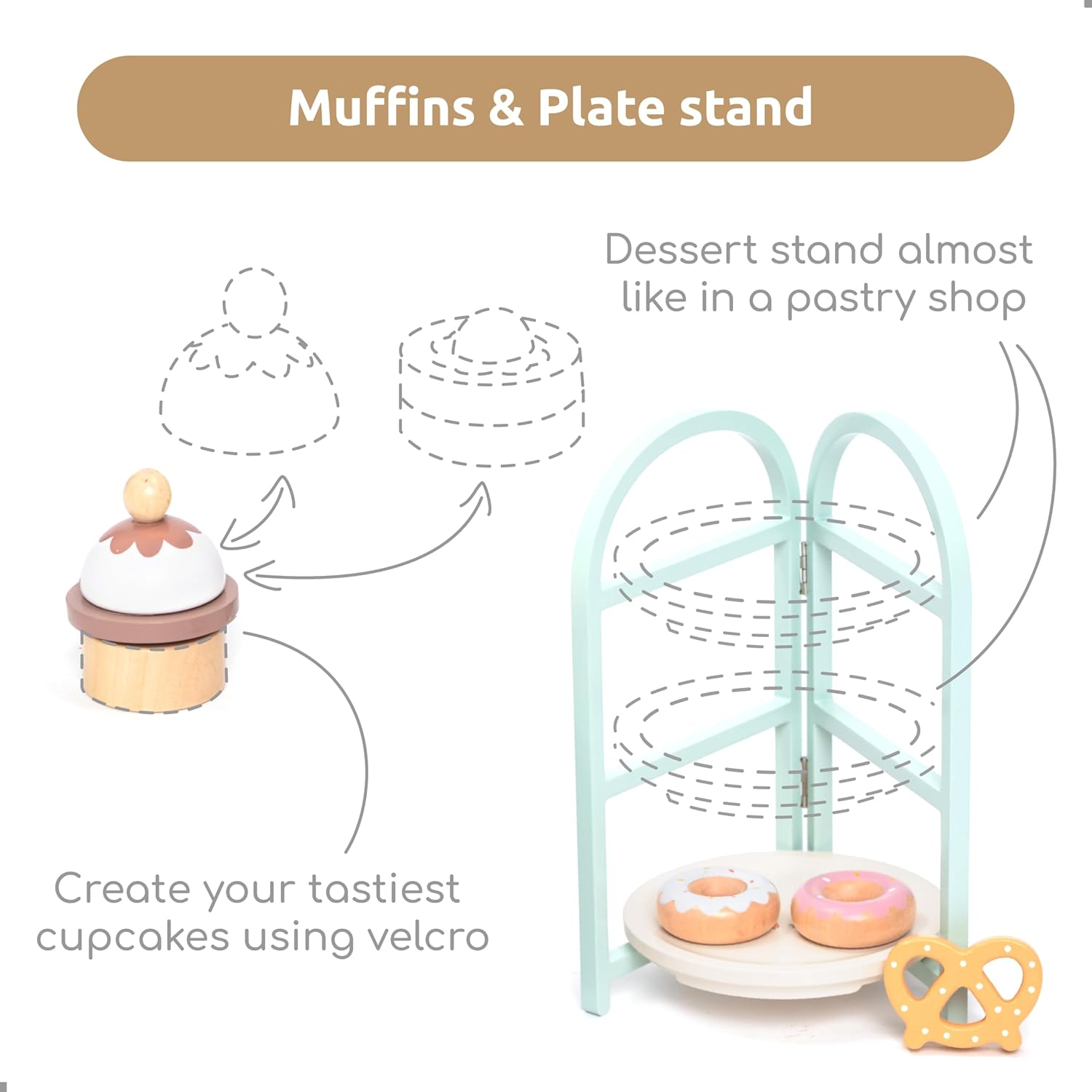 Detalle de UMU® Wooden Children's Kitchen Dessert Play Set with Stand – Safe, Classic Wooden Toy for Ages 3–6