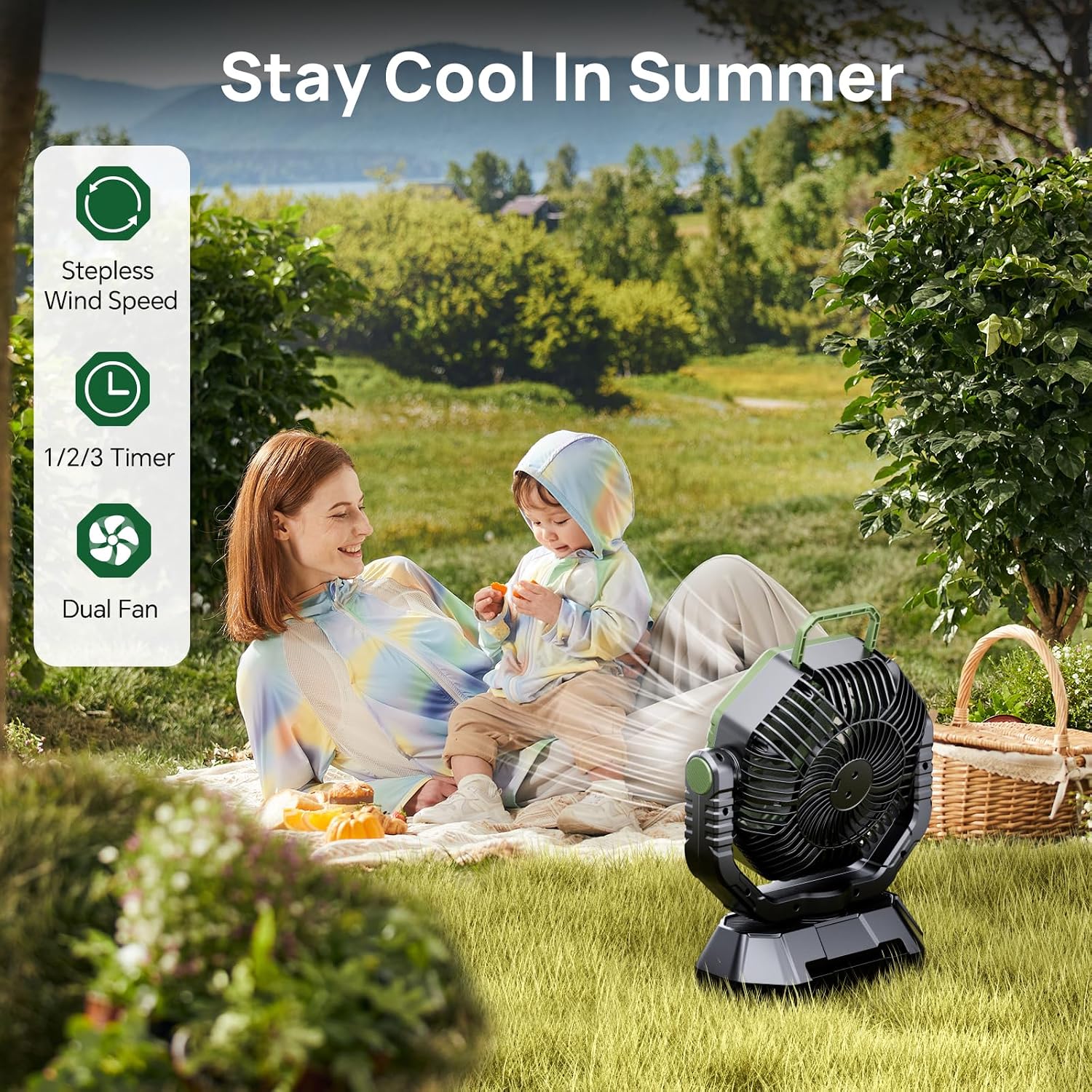 Detalle de Camping Fan with 20000mAh Battery, LED Light & 270° Tilt – Green