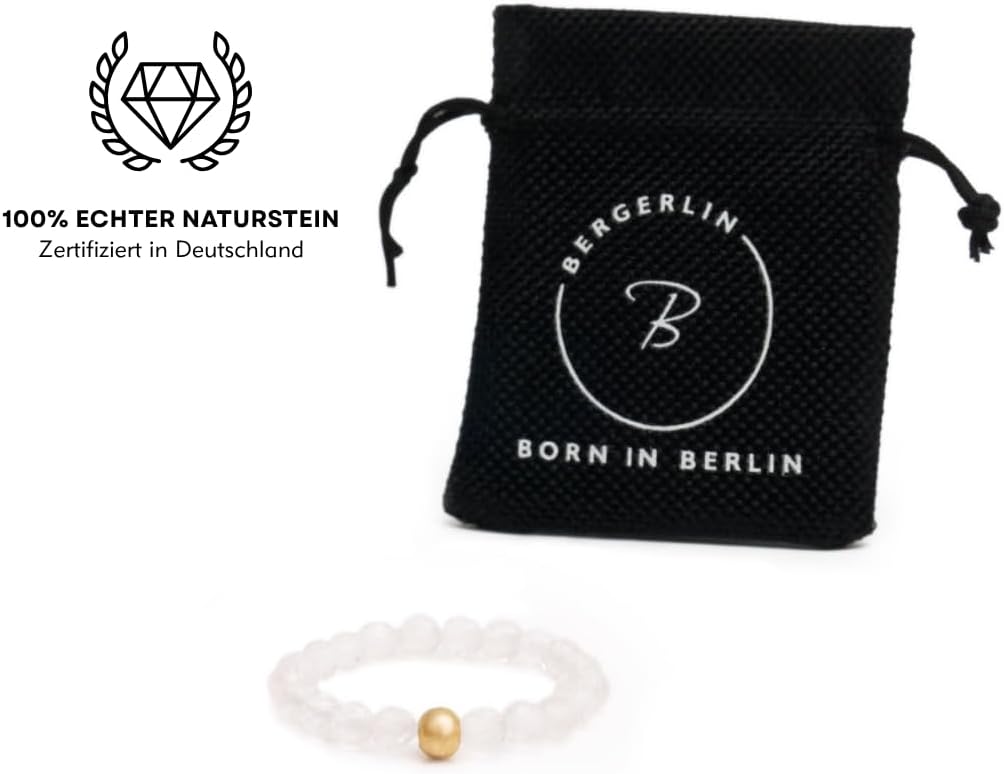 Detalle 2 de BERGERLIN Echter Naturstein Perlen Ring – Unisex Bergkristallring mit vergoldeter Perle, EPI‑Zertifikat
