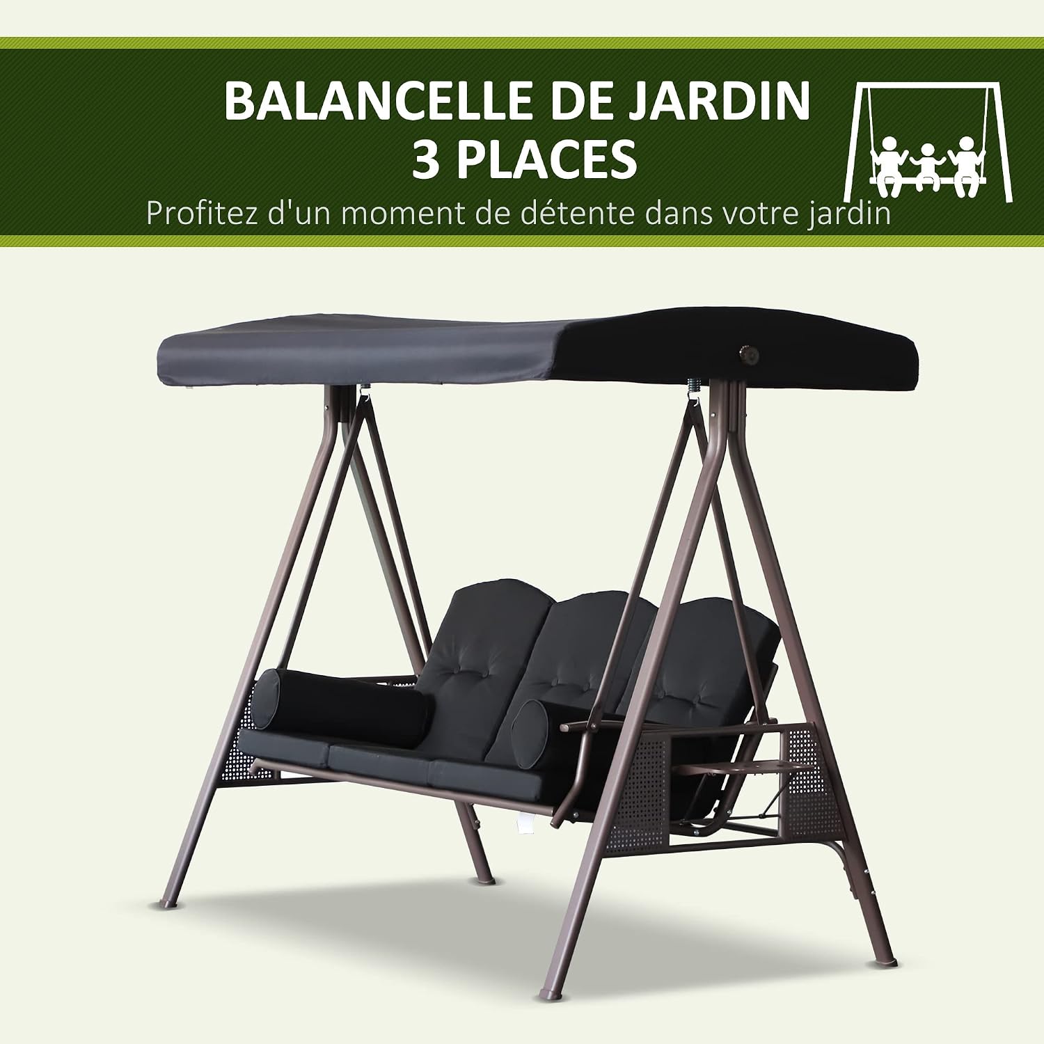 Thumbnail 2 de Outsunny Balancelle de Jardin 3 Places Grand Confort avec Toit Inclinaison et Coussins