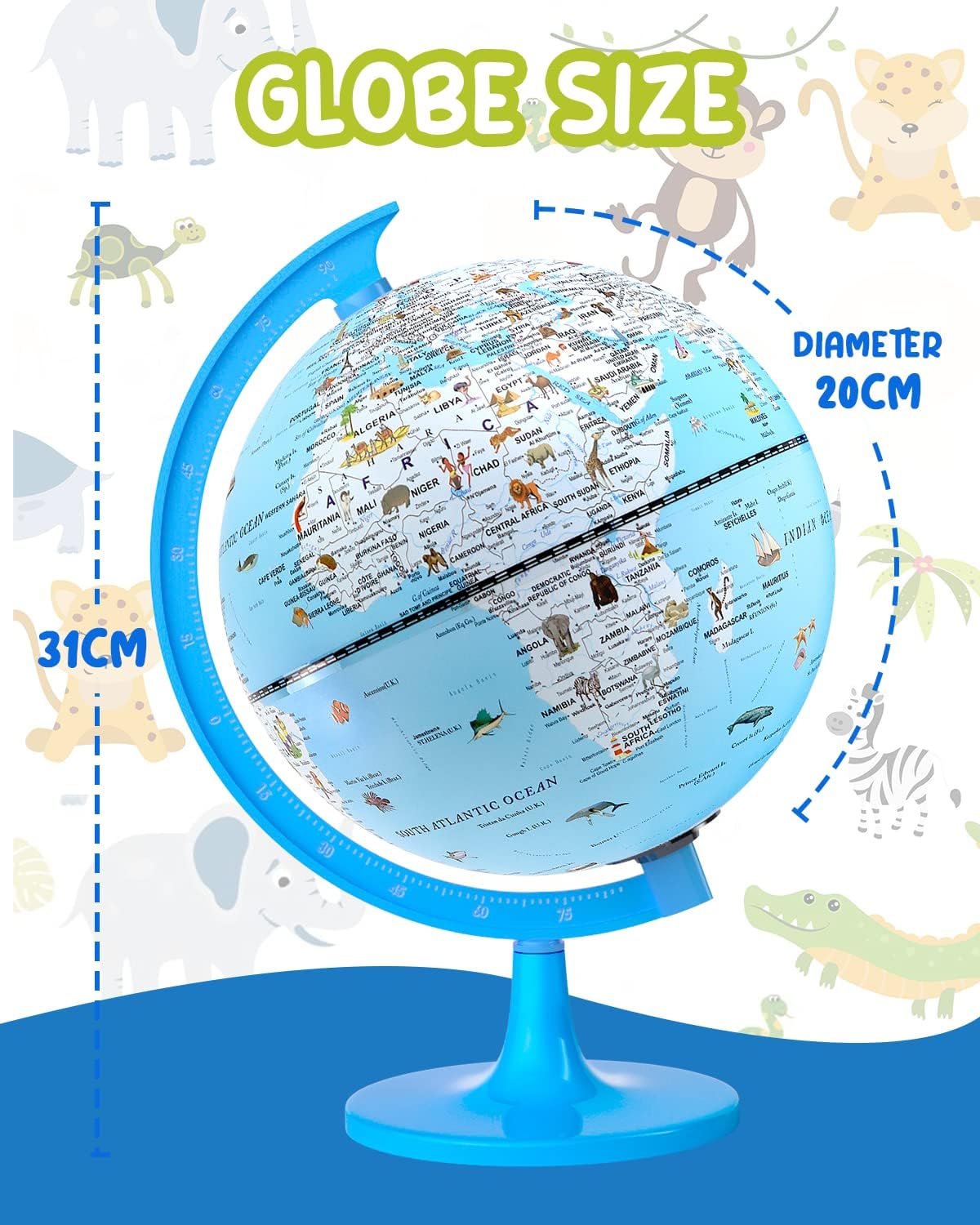 Thumbnail 5 de JOWHOL Illuminated Animal Globe for Kids – USB‑Powered 20 cm Educational Globe (Blue)