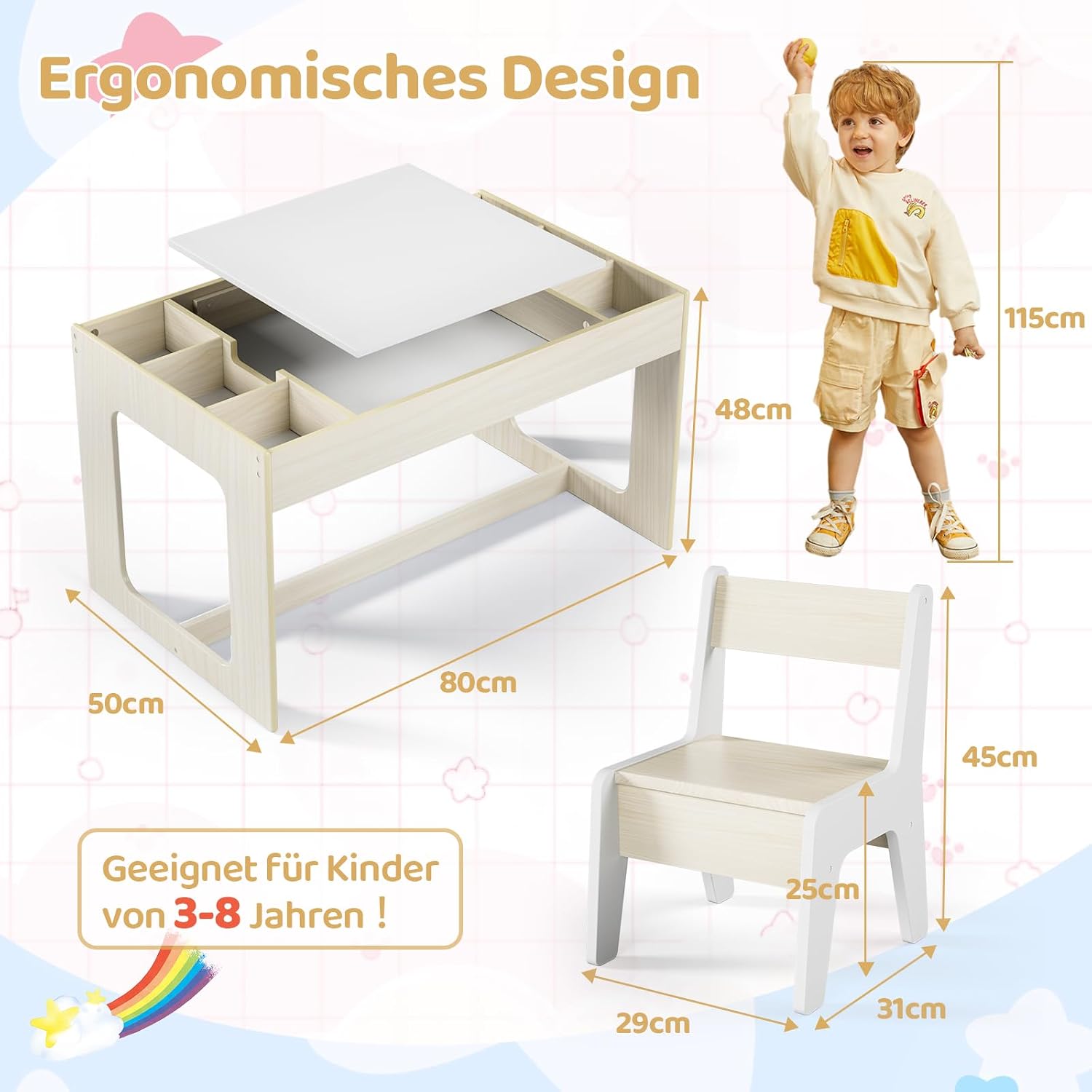Detalle de Clevich Kindersitzgruppe mit Stauraum: Kindertisch mit 2 Stühlen und drehbarer Tischplatte (für ab 3 Jahren)