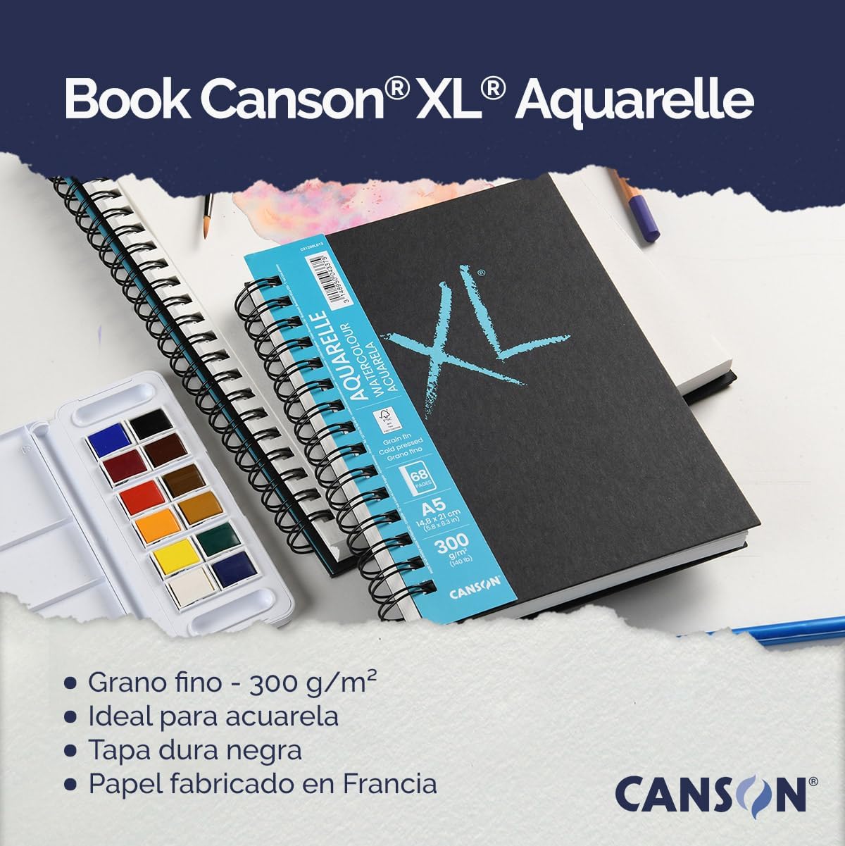 Detalle de Canson XL Aquarelle Book spiralato lato lungo A5, 34 fogli 300 g/m², grana fine, copertina rigida