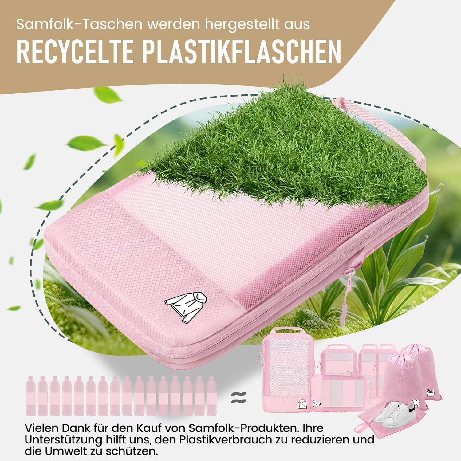 Thumbnail 2 de 8‑teilige Compression Packing Cubes von Samfolk – Rosa, Koffer Organizer inkl. 2 Zusatzbeuteln (34×45 cm)