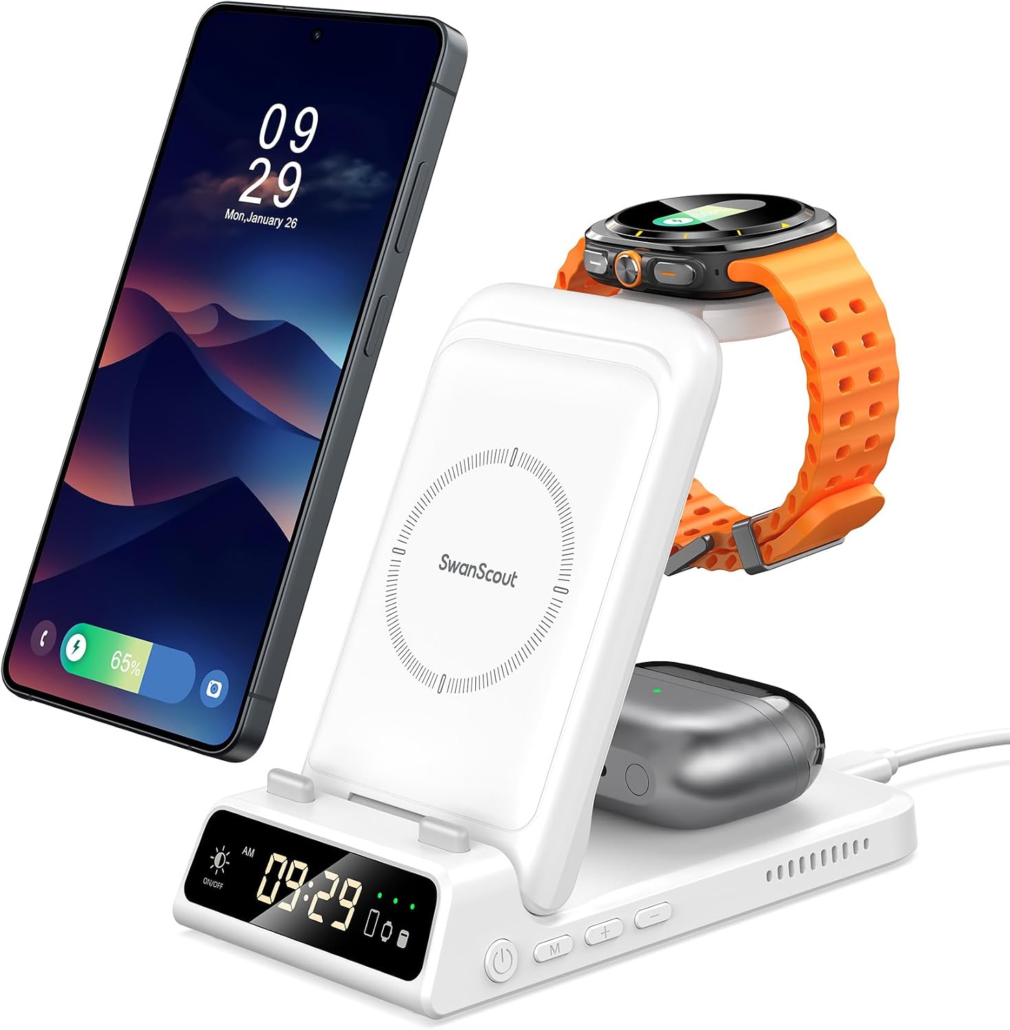 Detalle de Stazione di Ricarica Wireless 3-in-1 SwanScout 703S per Samsung S26 Ultra – Ricarica Galaxy Watch e Buds