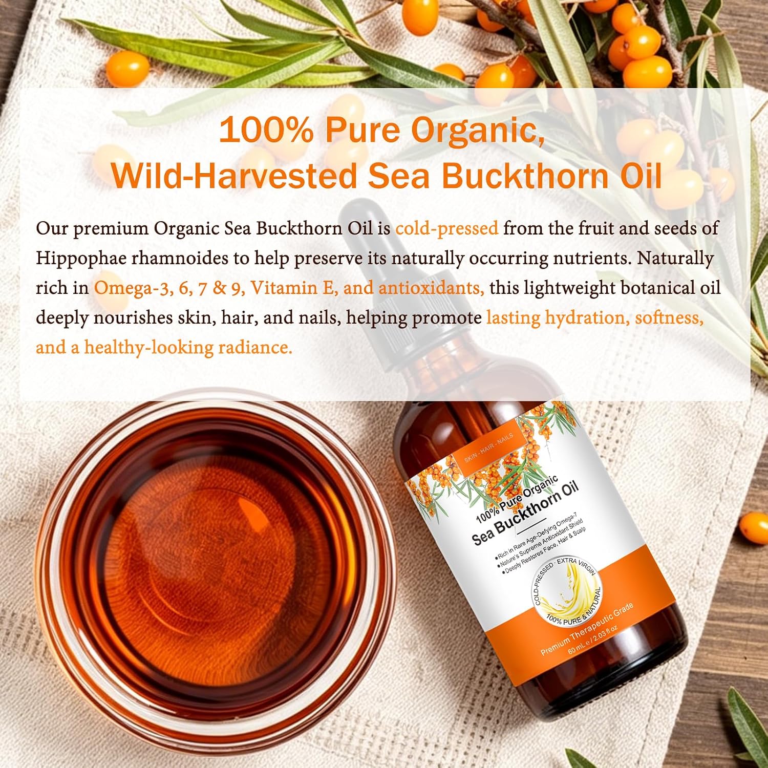 Detalle 2 de timlasa Sea Buckthorn Oil, 100% Pure Cold-Pressed Unrefined, 60 mL