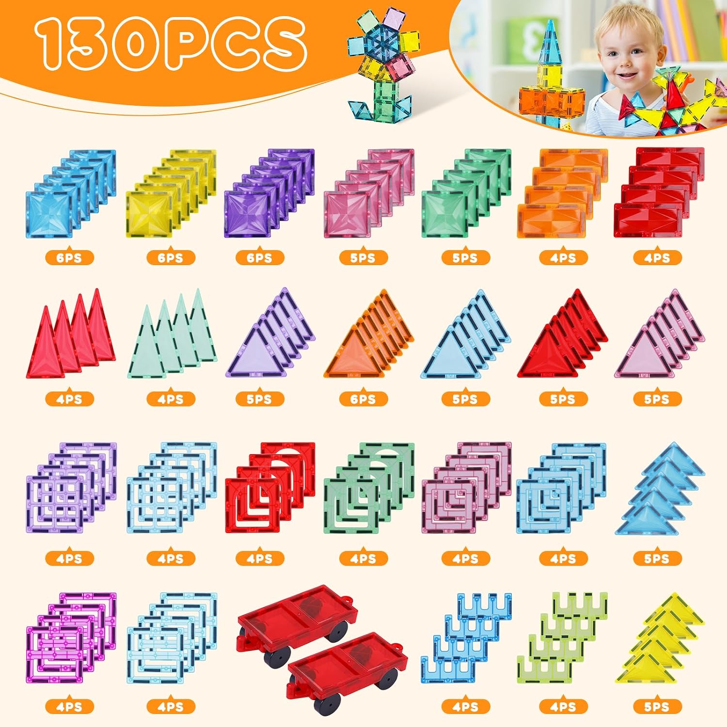 Thumbnail 4 de Paaxido Magnetic Tiles 100-Piece 4D Diamond Magnetic Blocks Set (STEM Preschool Building Toys)
