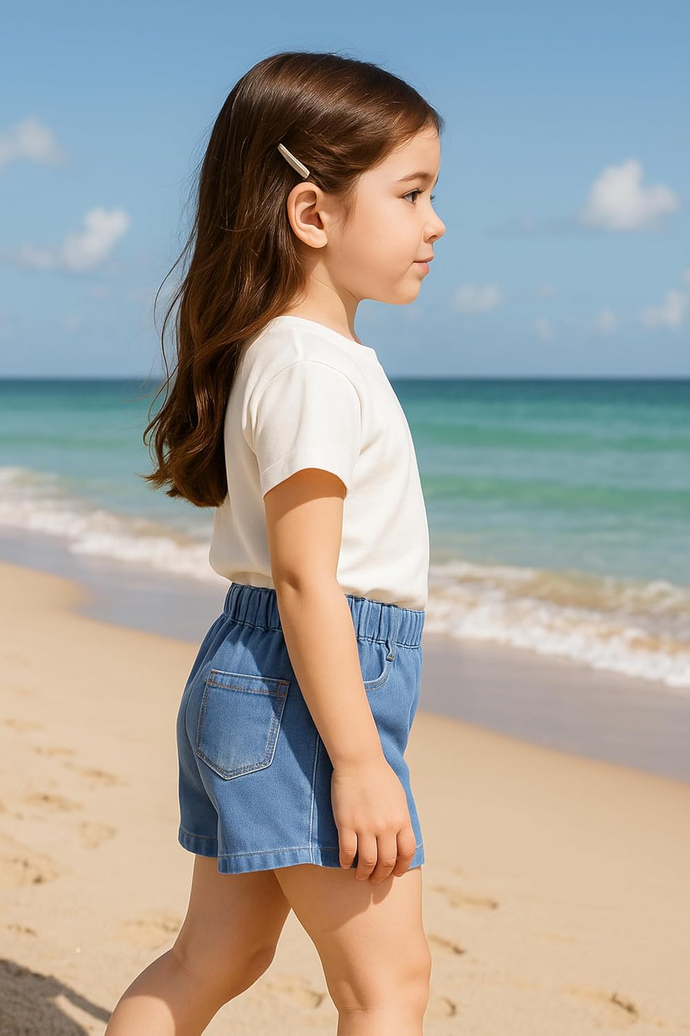 Detalle de ES-UK Girls Denim Shorts: Soft Cotton Elastic Waist Denim for Ages 5–10