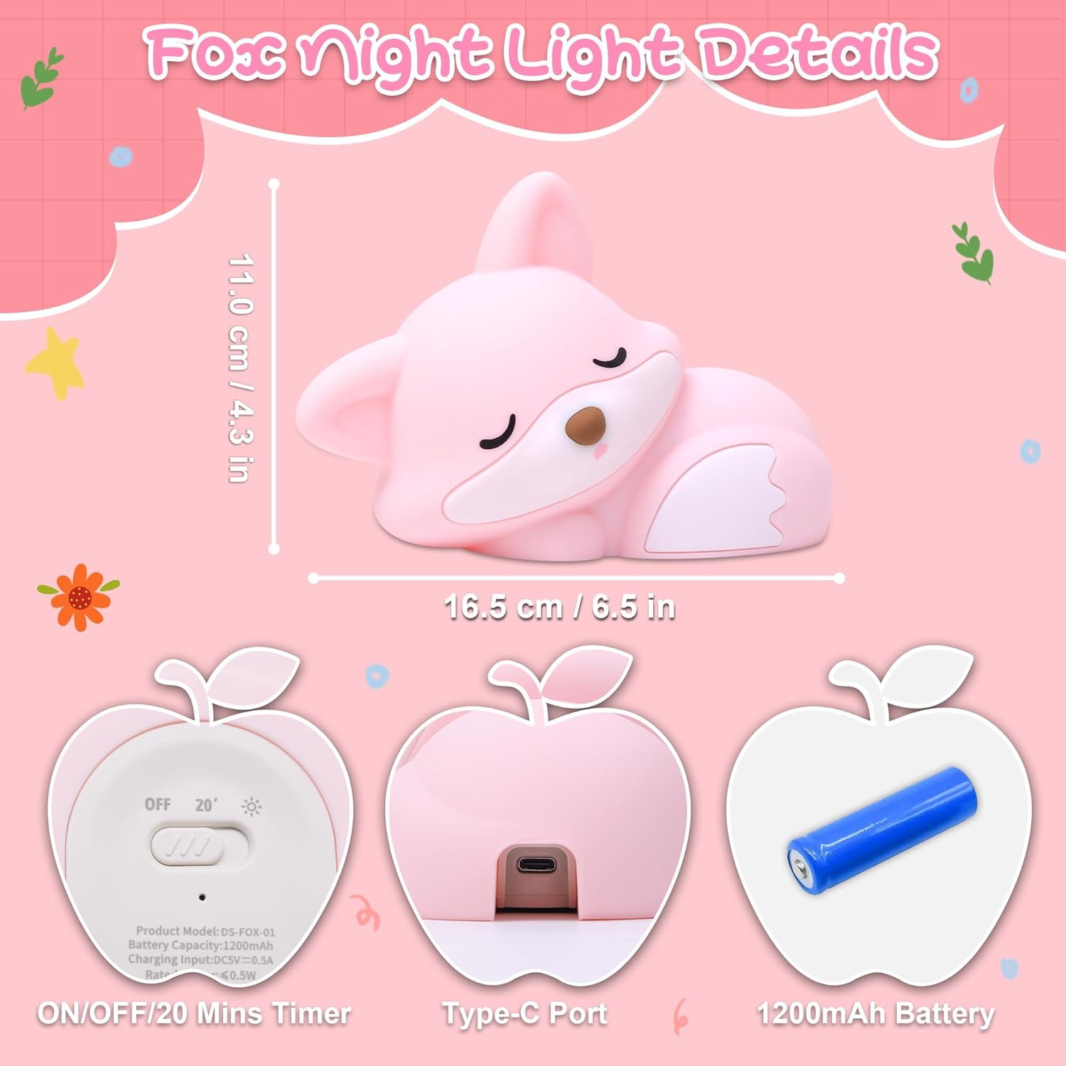 Thumbnail 6 de Okayera Fox Lampe: Rosa Silikon-Fuchs-Nachtlicht mit Timer und Wiederaufladbar