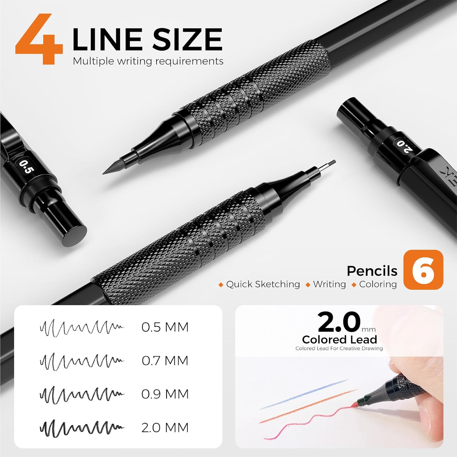 Thumbnail 6 de STAGEEK 6-Stück Druckbleistift-Set – Metallgehäuse, 0,5/0,7/0,9/2,0 mm Minen, 384 Nachfüllminen, schwarz