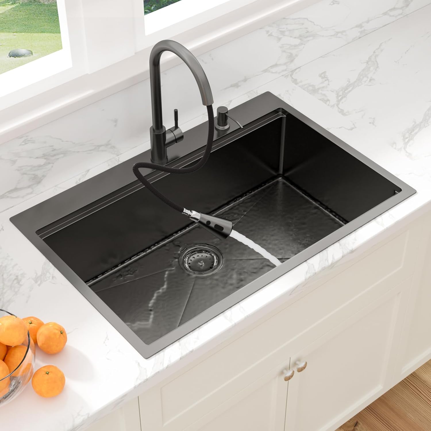 Thumbnail 3 de Sarlai 33 Black Kitchen Sink with Faucet – 33x22 Inch Drop-In, Gunmetal Black, 16-Gauge Stainless Steel, Workstation with Pull-Out Faucet