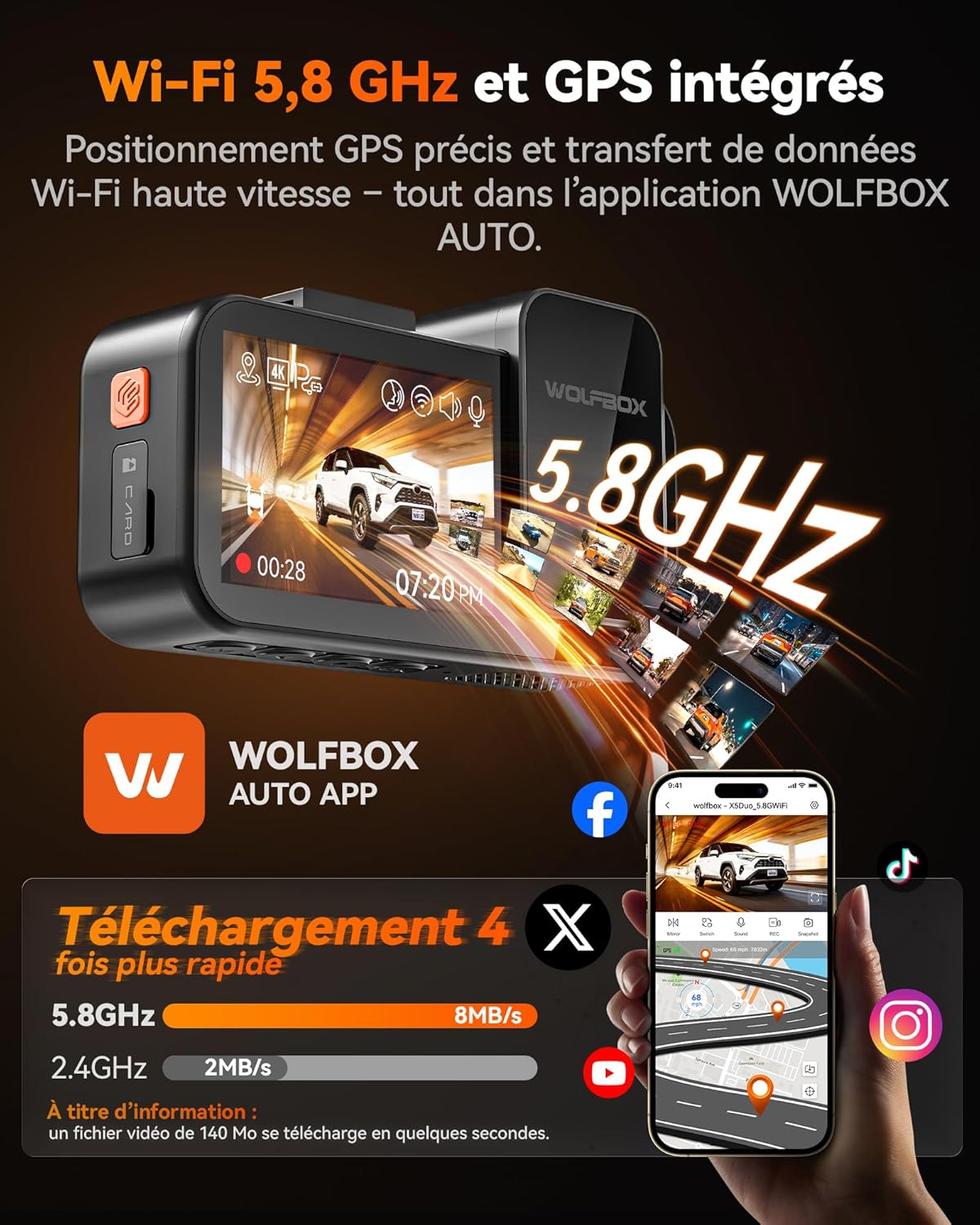 Thumbnail 6 de WOLFBOX Caméra embarquée X5 Duo 4K + 2,5K double voie avec anti-tremblement et GPS