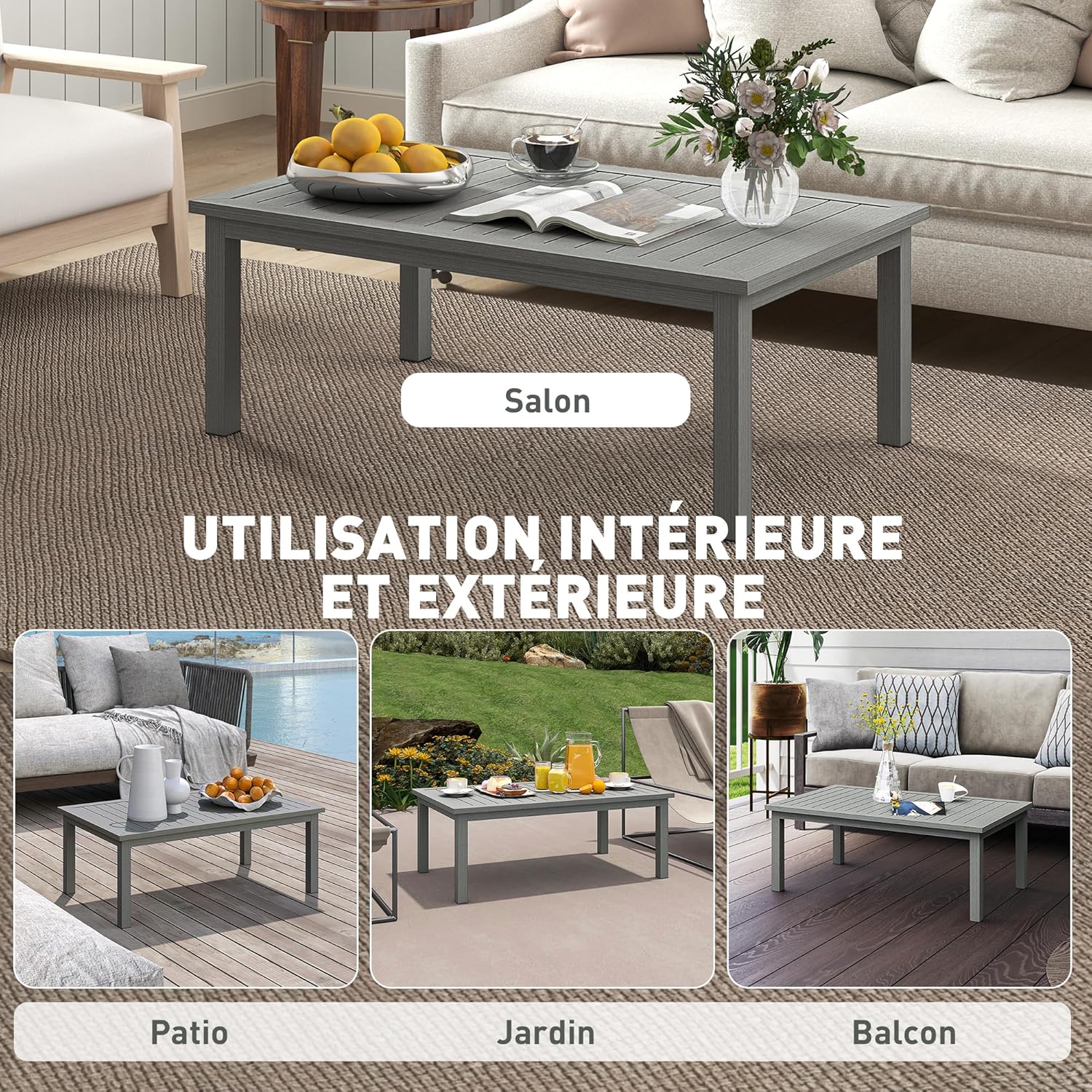 Detalle de Outsunny Table basse rectangulaire de jardin en aluminium grise (100 x 60 x 37 cm)