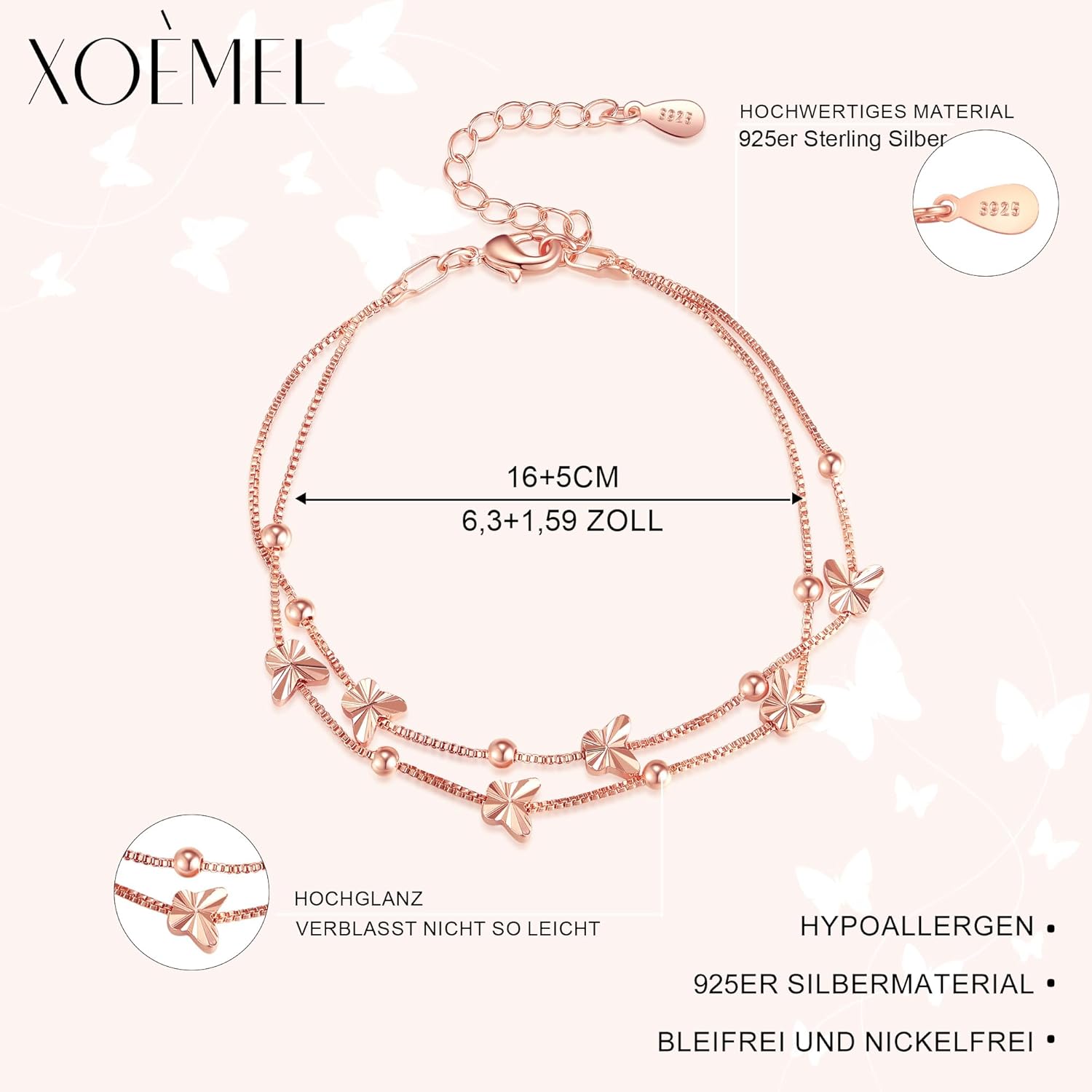 Thumbnail 3 de XOEMEL Bracelet en argent 925 pour femme – Papillons et perles – Or rose, réglable, 43 cm
