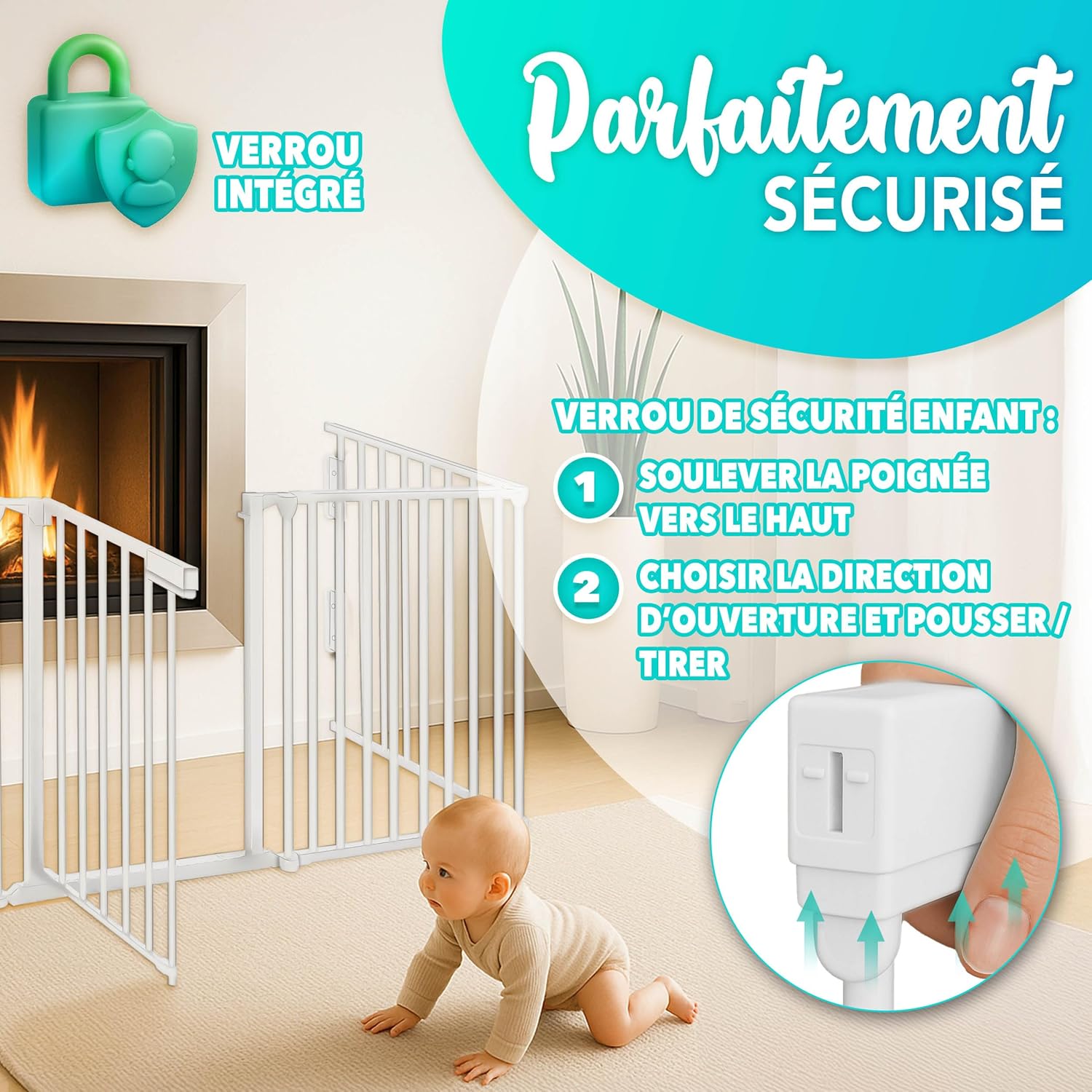 Thumbnail 2 de KIDUKU Barrière de sécurité enfant pour cheminée, version grande 480 cm, grille métal pliable avec porte (8 éléments)