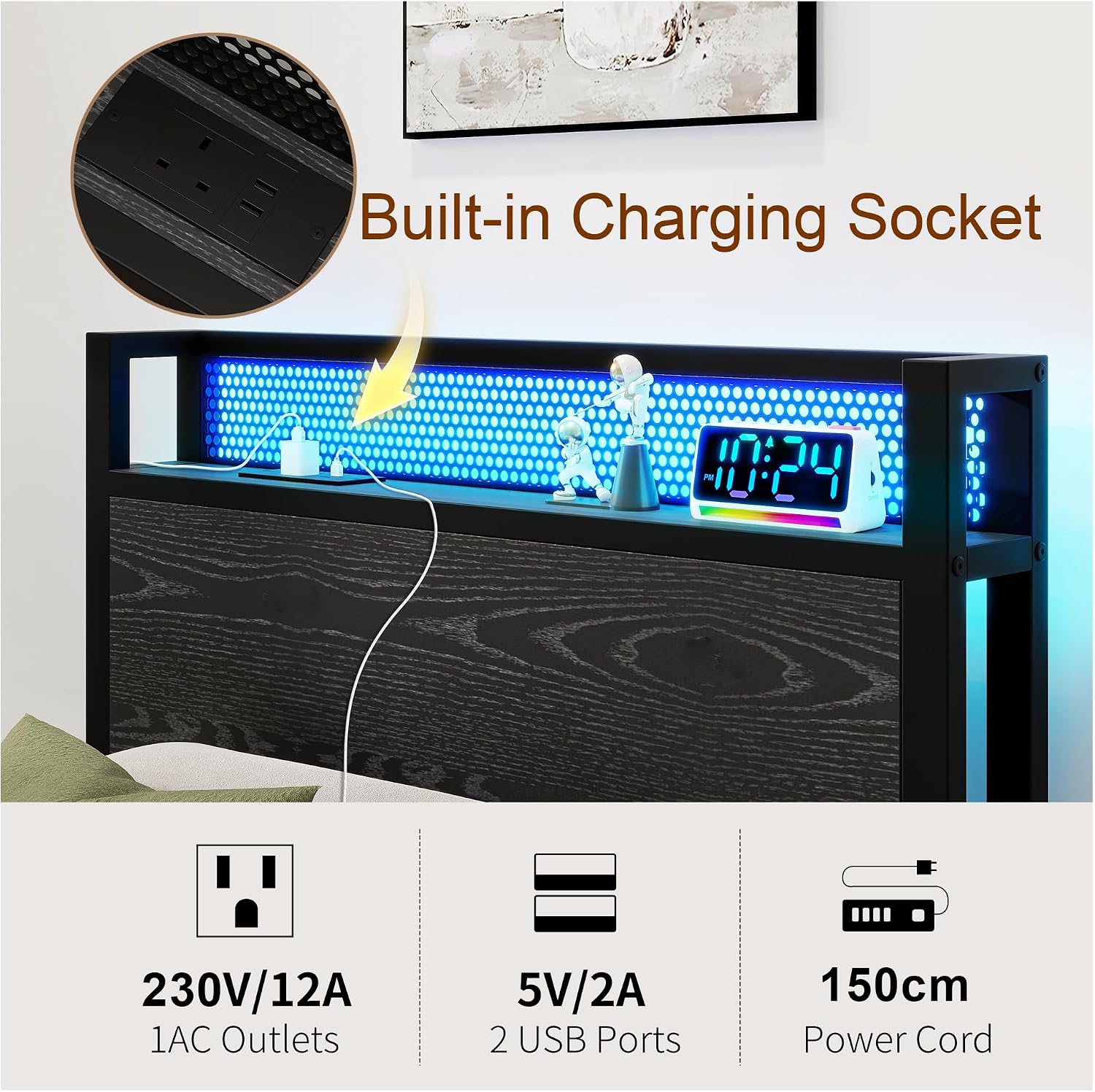 Detalle de Diolong 1012E Twin Bed Frame with RGB LED Lights and USB Charging Station