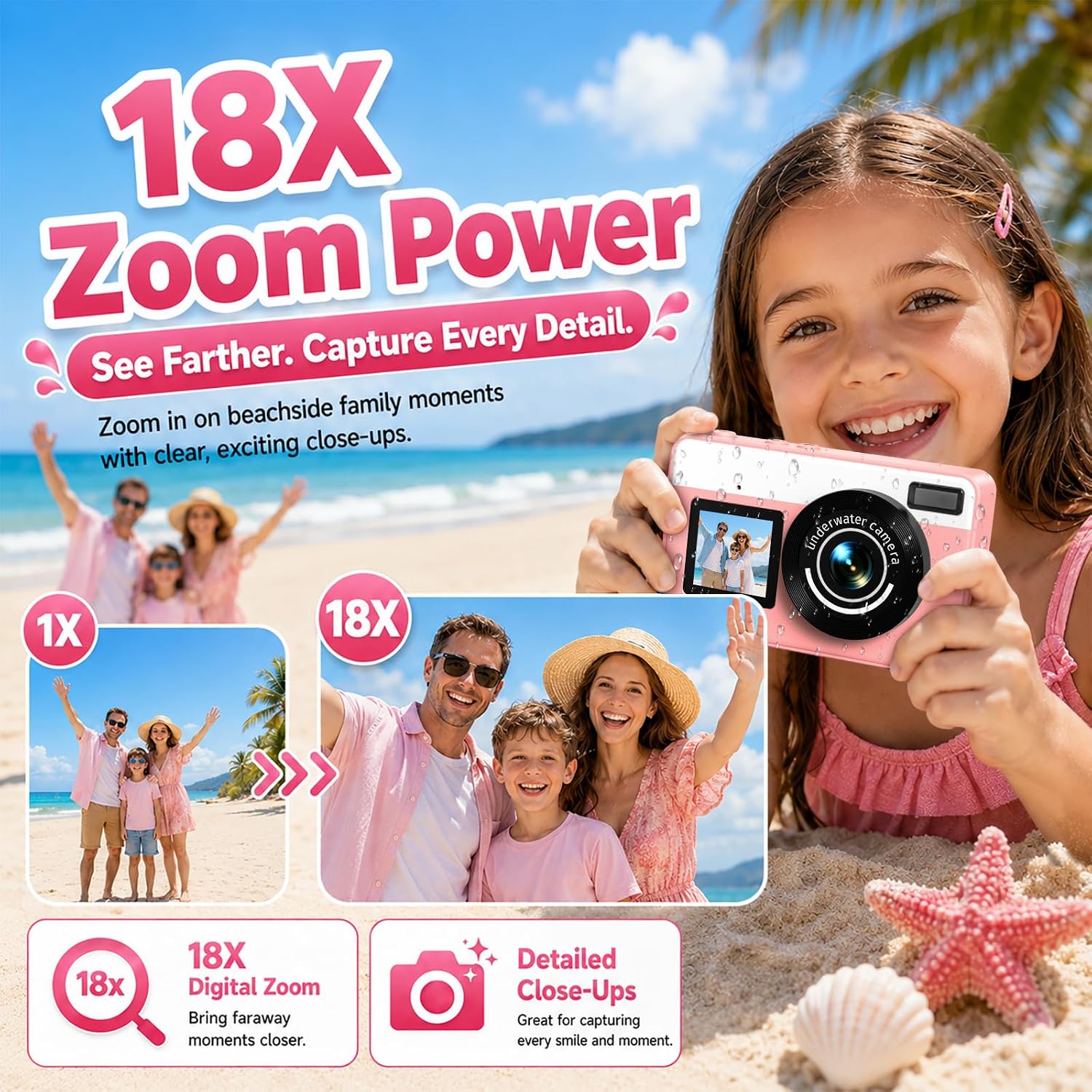 Detalle de Maxmango D70: Fotocamera subacquea 4K 48MP con doppio schermo e zoom 18x – Rosa
