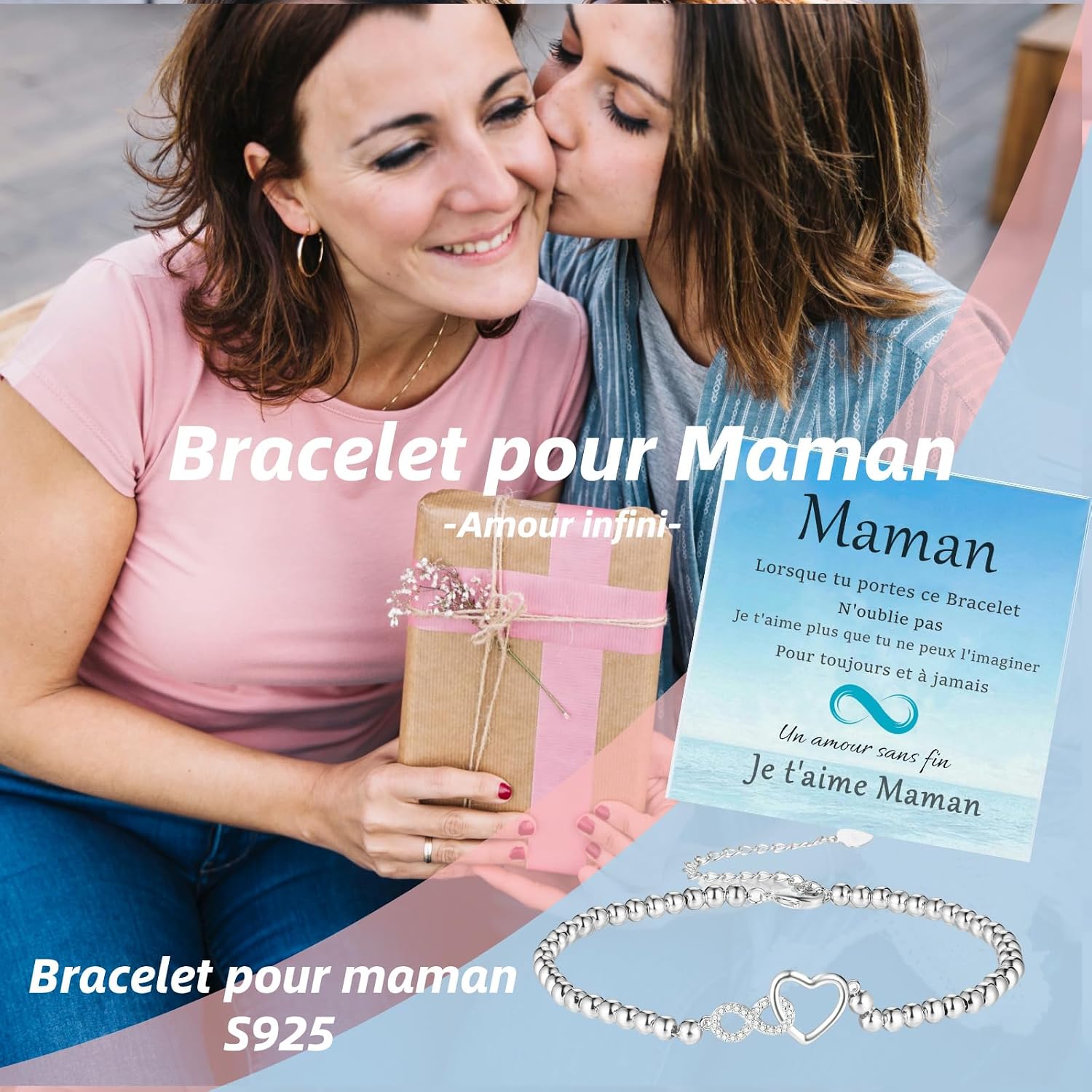 Detalle de Bracelet femme Jbniuay argent 925 Infinity cœur « Mama » ajustable