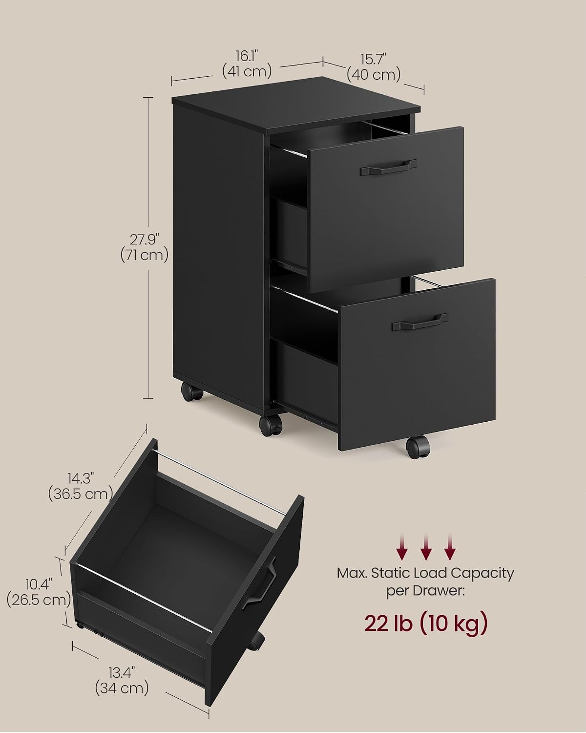 Detalle 2 de VASAGLE UOFC040B16 2-Drawer Rolling File Cabinet 15.7×16.5×27.6 in 🗄