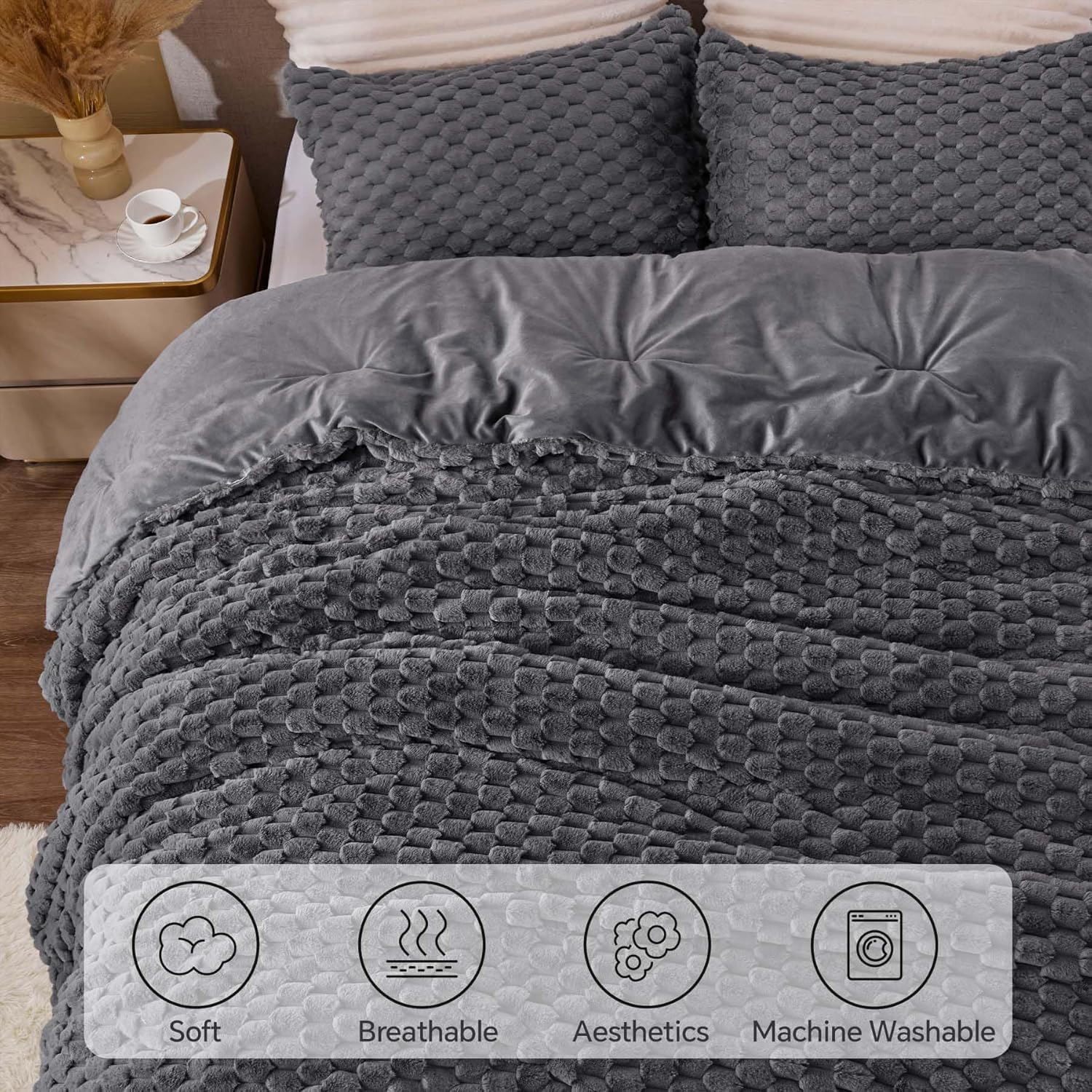 Detalle 2 de BEDELITE Fluffy Twin/Twin XL Grey Fleece Comforter Set, 68" x 88