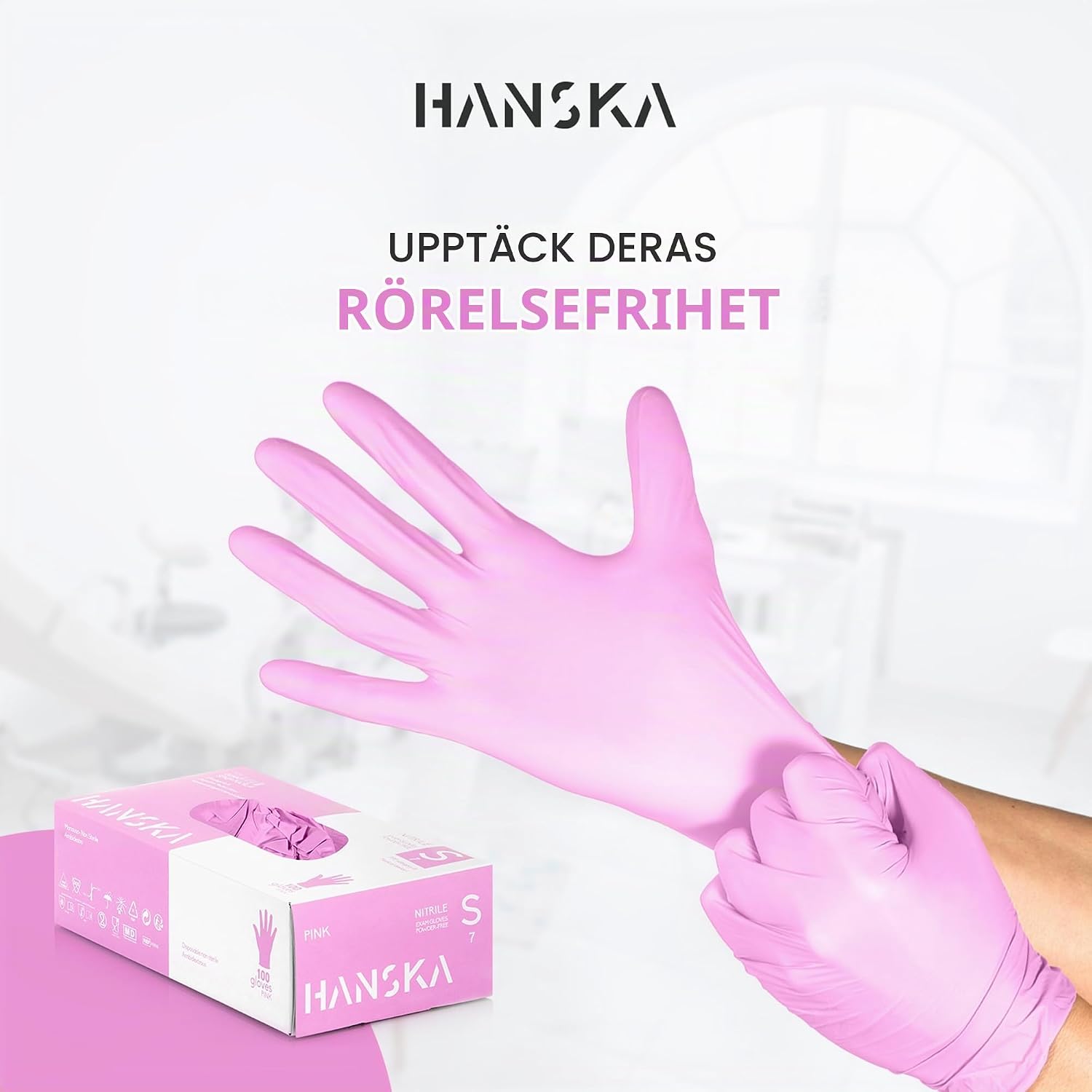 Detalle de HANSKA 100 rosa nitrilhandskar för engångsbruk, puderfria, storlek S