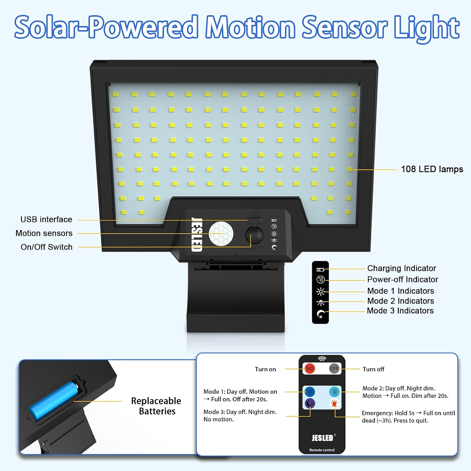 Thumbnail 6 de JESLED QY-JDEU-108LED buitenwandlamp op zonne-energie, 108 leds, IP65