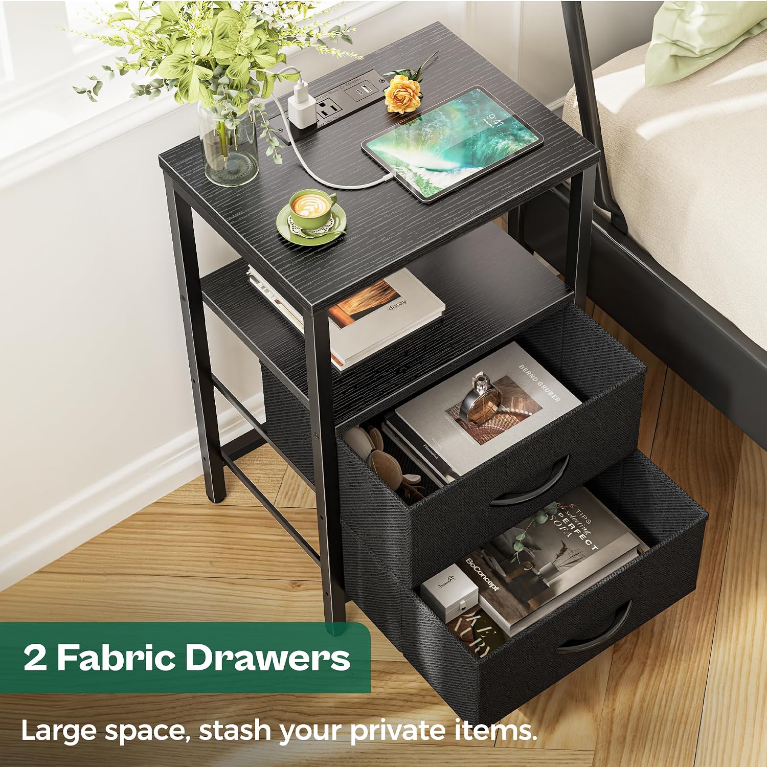 Thumbnail 4 de Huuger Nightstand with Charging Station, 4 Fabric Drawers and Open Shelf