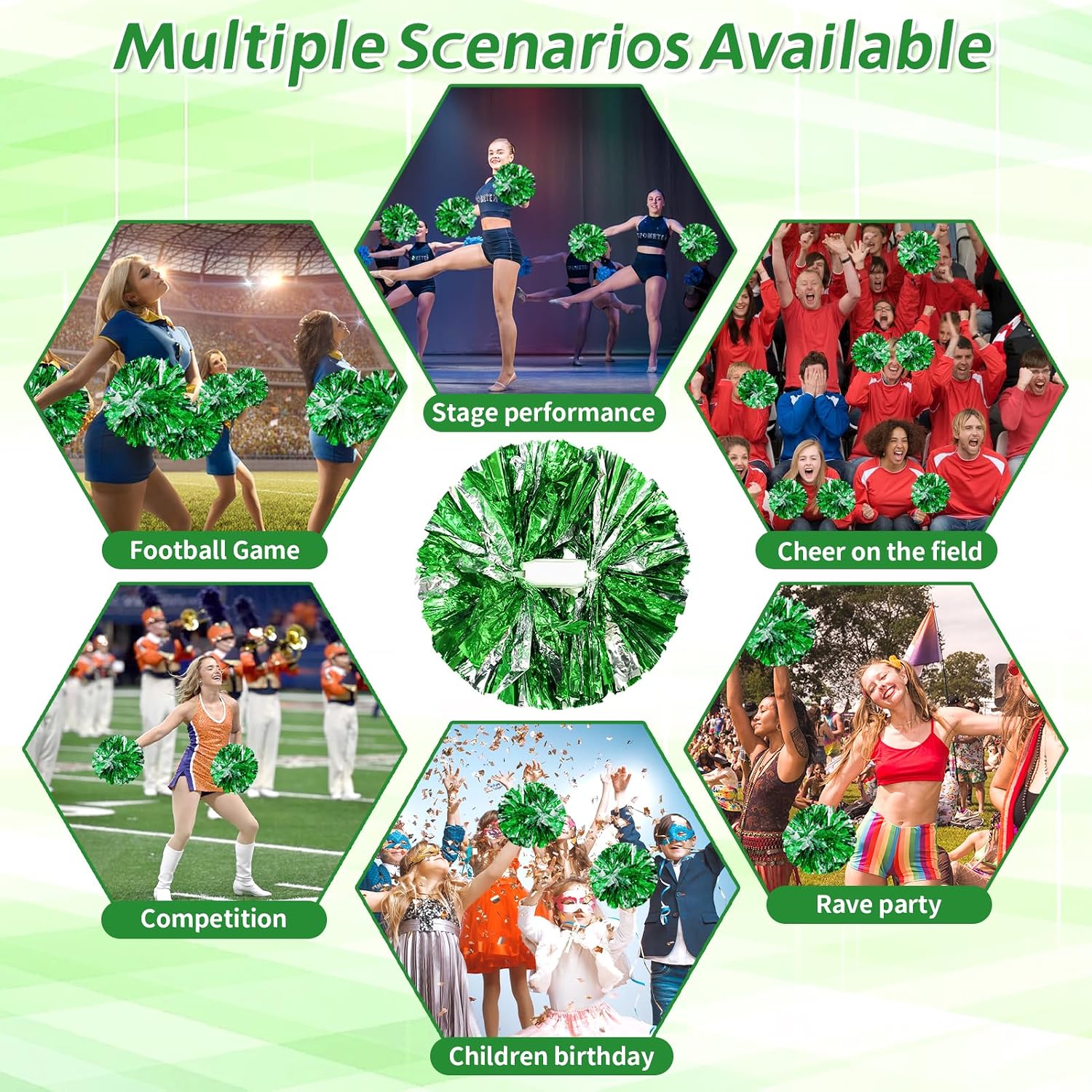 Thumbnail 6 de CREATIEE-PRO Cheer Pom Poms, Metallic Green-Silver 4-Piece Set