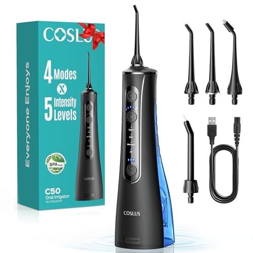 Detalle de COSLUS Irrigador Dental Bucal Portátil con 4 Modos y 20 Intensidades | IPX7, 4 Boquillas