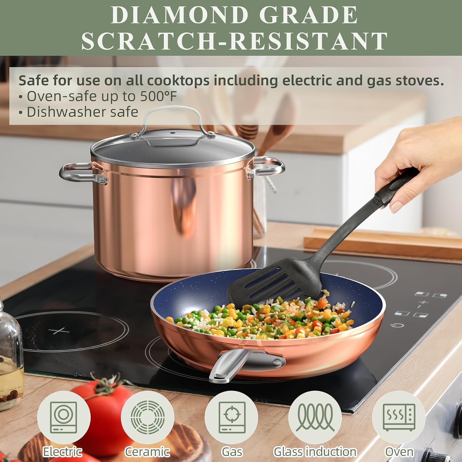 Detalle 2 de Nuwave Healthy Duralon Blue Ceramic Nonstick Cookware Set (Diamond-Infused, PFAS-Free) with Tempered Glass Lids