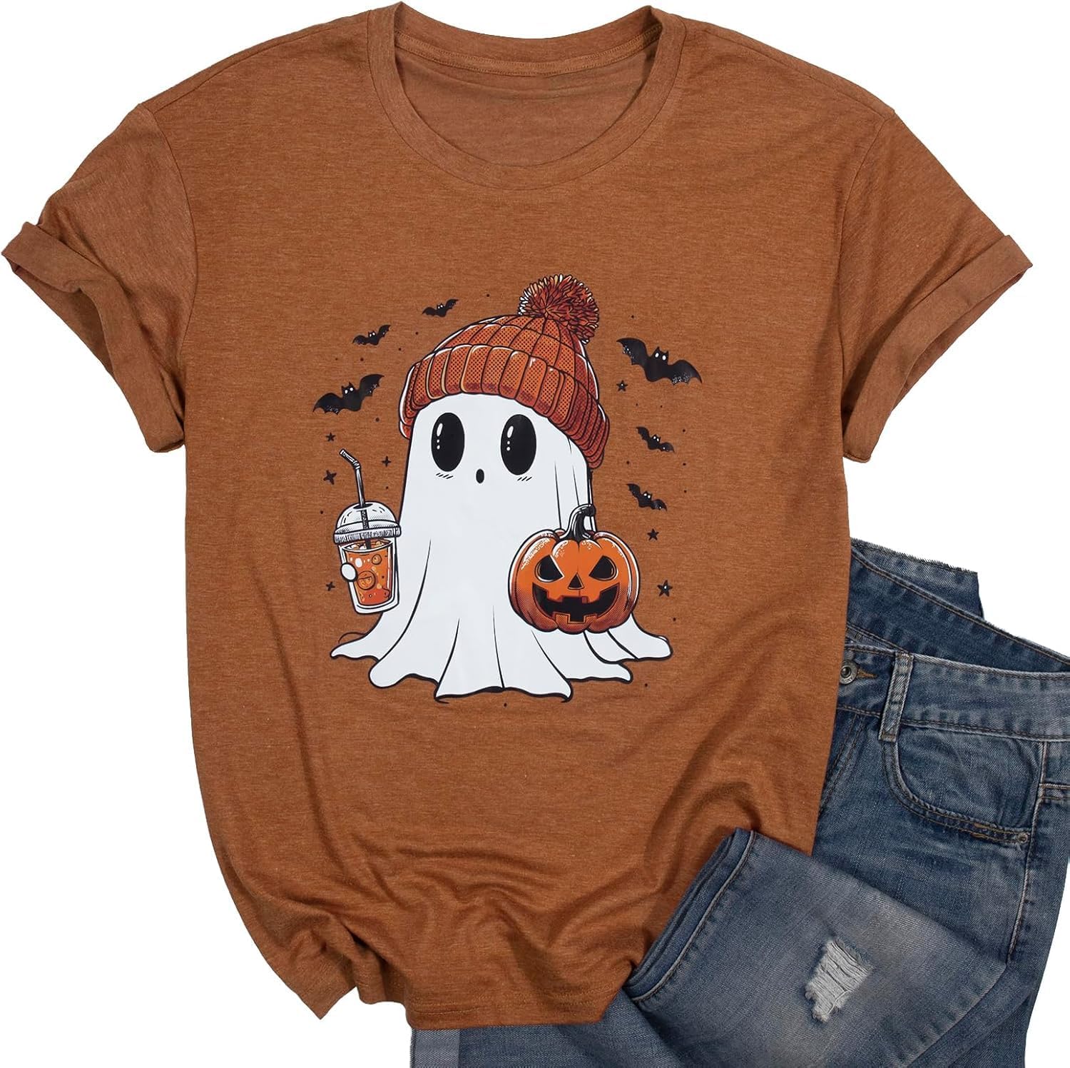 Detalle de DUTUT Halloween T-Shirt for Women, Pumpkin and Boo Ghost, Short Sleeve