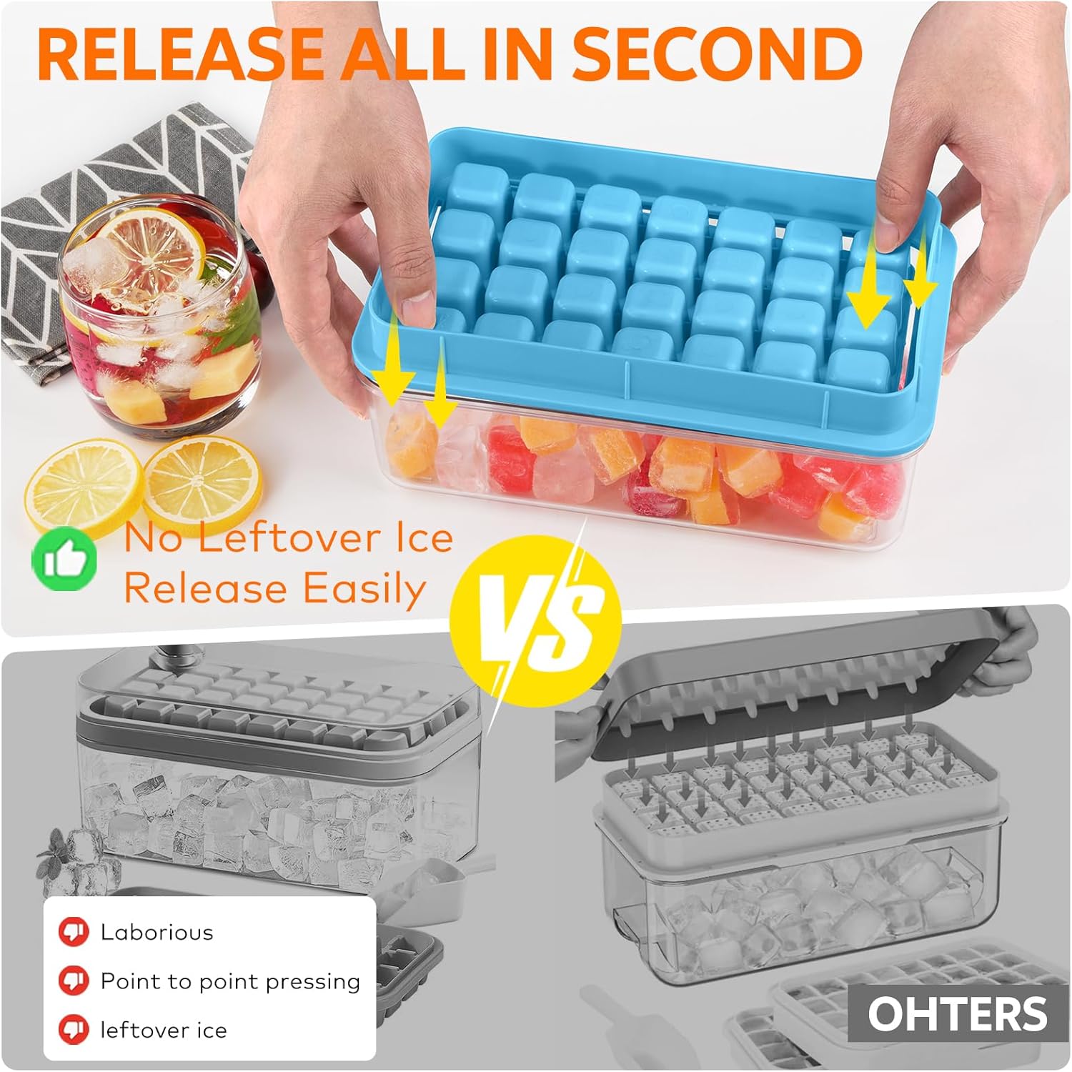 Thumbnail 4 de longzon Eiswürfelform mit Deckel & Behälter (56 Stück) inkl. Eisschaufel – auslaufsicher, stapelbar, blau