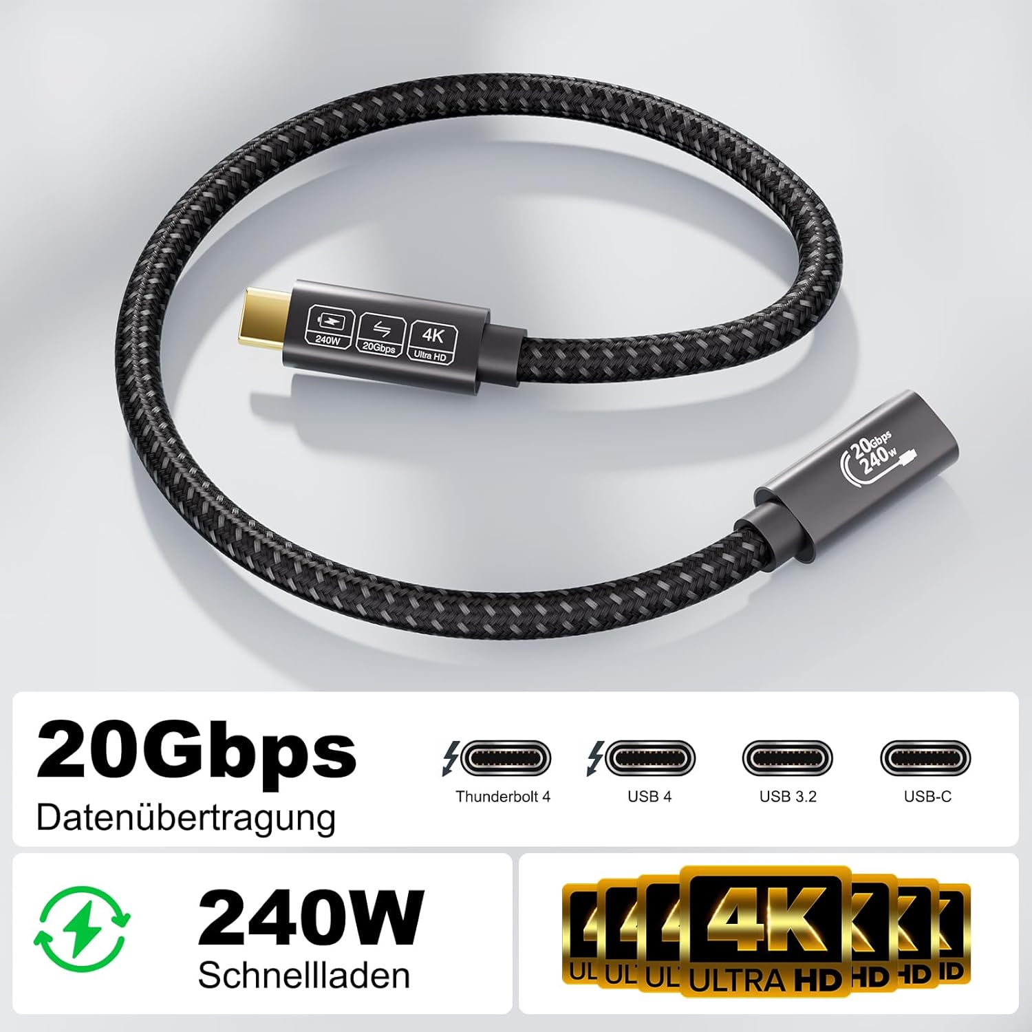 Detalle 2 de EUDOBEL USB-C Verlängerungskabel 5 m – 20 Gbit/s, 240 W PD3.1, 5K@60Hz / 4K@144Hz, Thunderbolt 4 kompatibel
