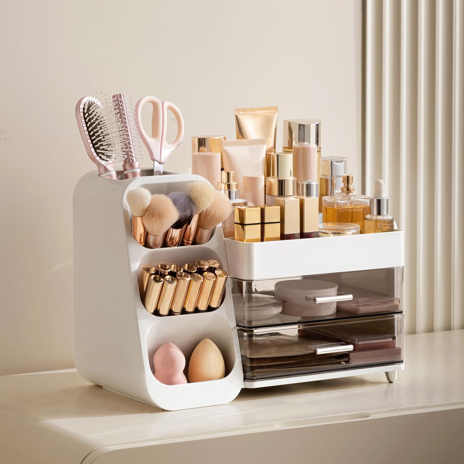 Detalle de HBlife Makeup Kosmetik Organizer mit Schubladen – 3-in-1 Aufbewahrung für Pinsel, Paletten und Flaschen