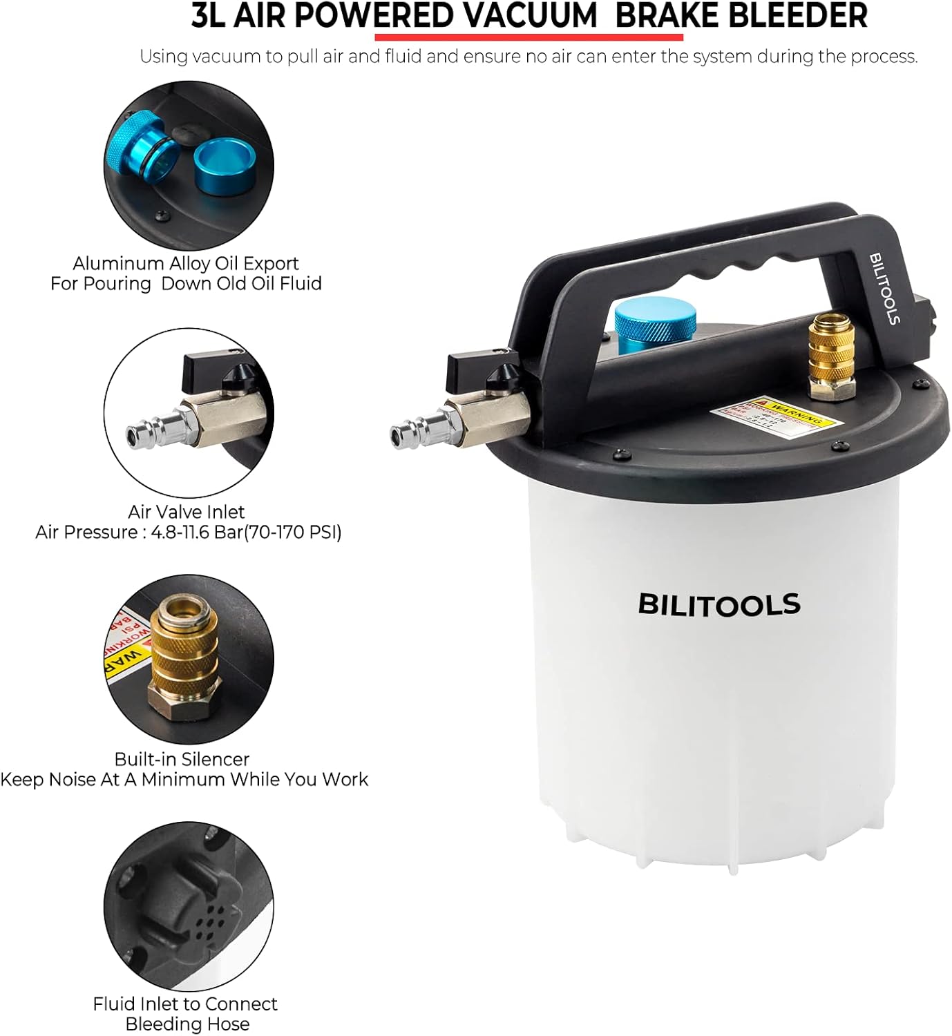 Detalle de BILITOOLS 3L Bremsenentlüftungsgerät Set – inkl. 1L Nachfüllflasche, Profi Bremsflüssigkeitswechsel für Auto und Motorrad