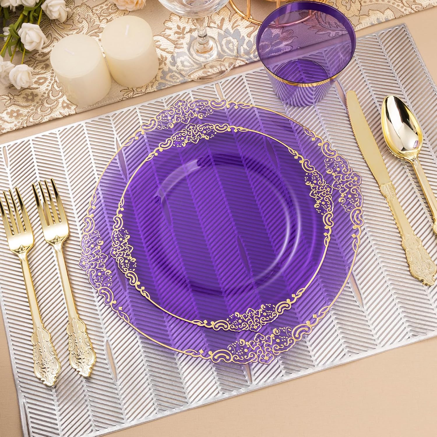 Thumbnail 5 de Bestluck 350PCS Clear Purple Plastic Plates Set for 50 Guests with Gold Trim
