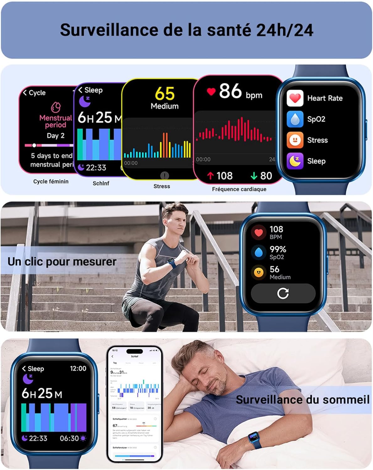 Thumbnail 3 de Smartwatch connectée Tensky Homme/Femme écran 1,85" avec Alexa intégrée, Bluetooth appels, 3ATM et suivi santé