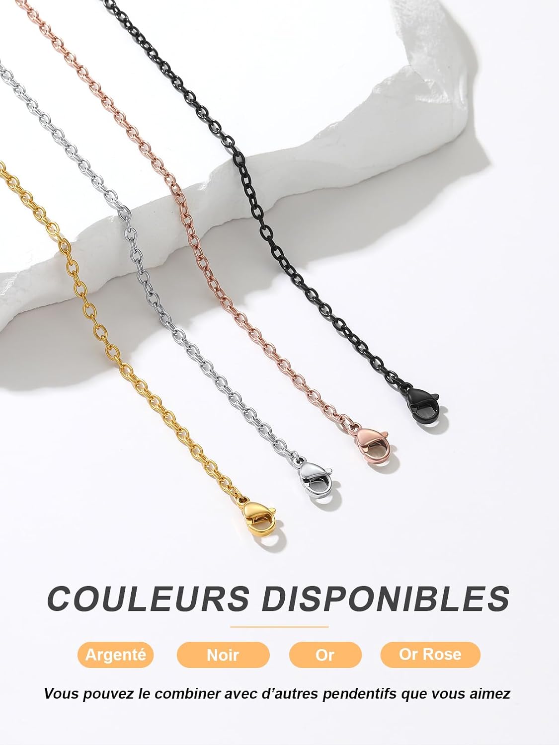 Detalle 2 de ChainsPro Collier Femme Acier Inoxydable 2 mm – Or/Argenté/Or Rose/Noir, Ajustable 46–76 cm