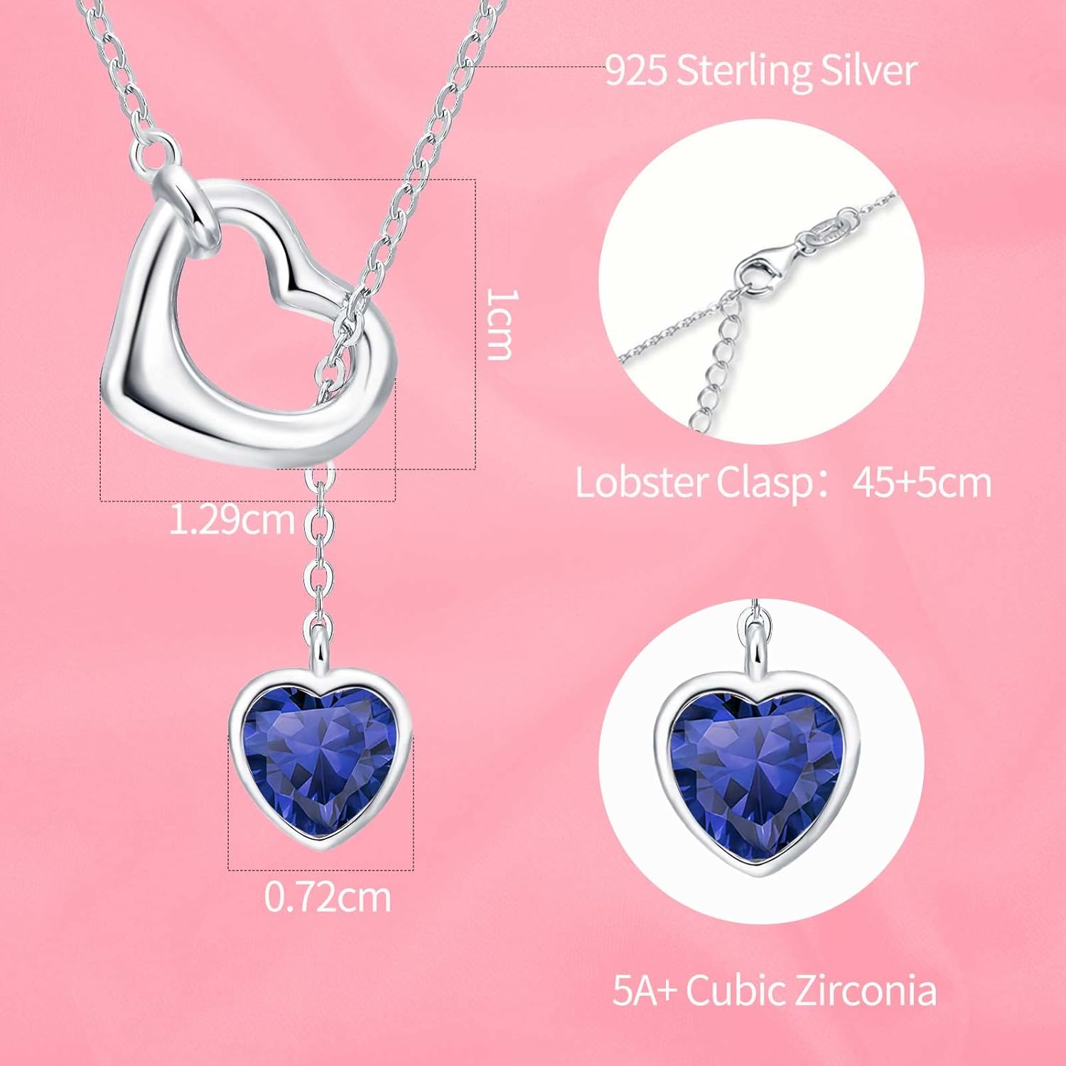 Thumbnail 2 de Qings Damen Herz Geburtsstein Kette aus Sterling Silber 925 mit Saphir-Charakter und Zirkonia – Herzanhänger Halskette