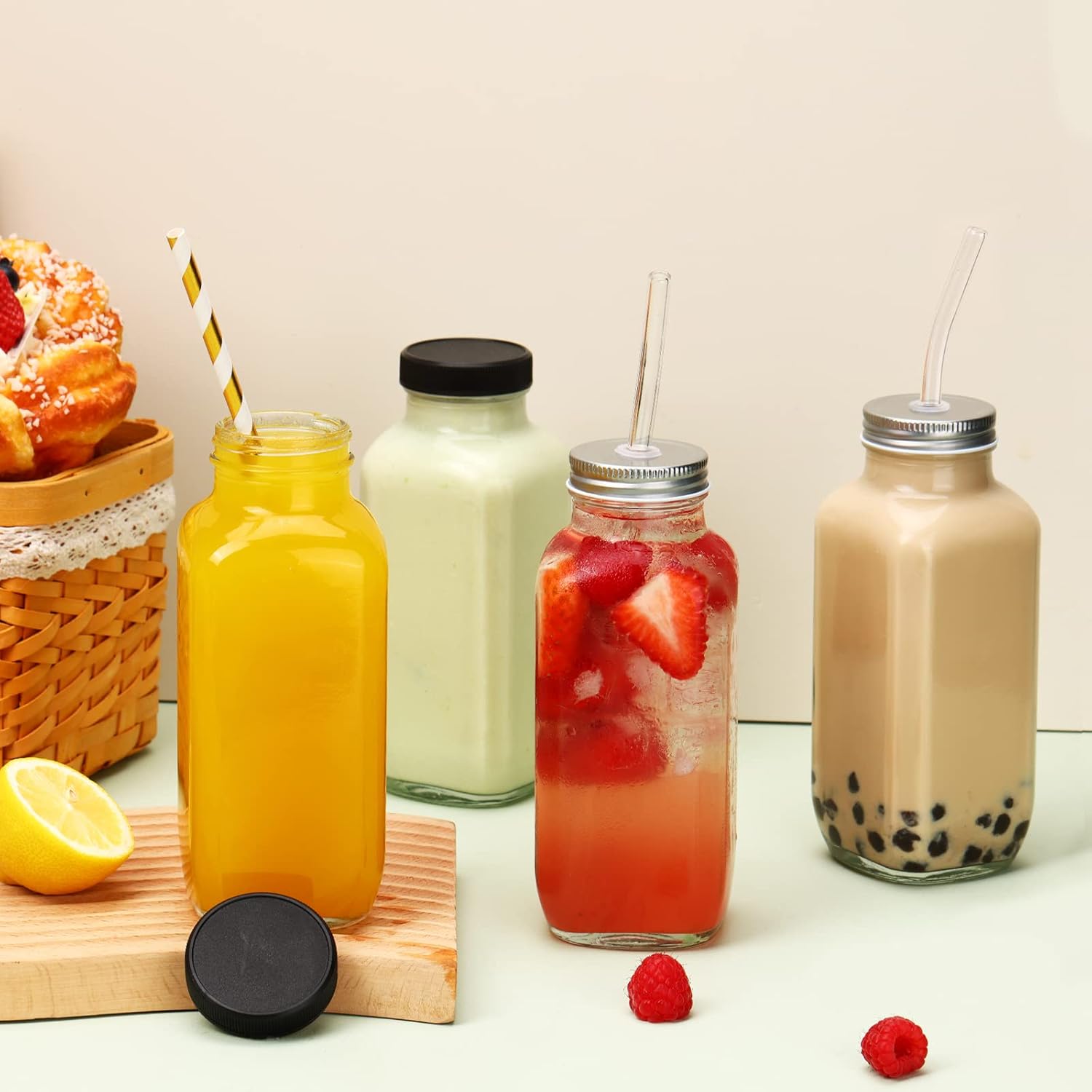 Detalle 2 de CUCUMI 10pcs 16oz Glass Juice Bottles with Lids (Reusable Drinking Jars, Straws & Cleaning Brush Set)