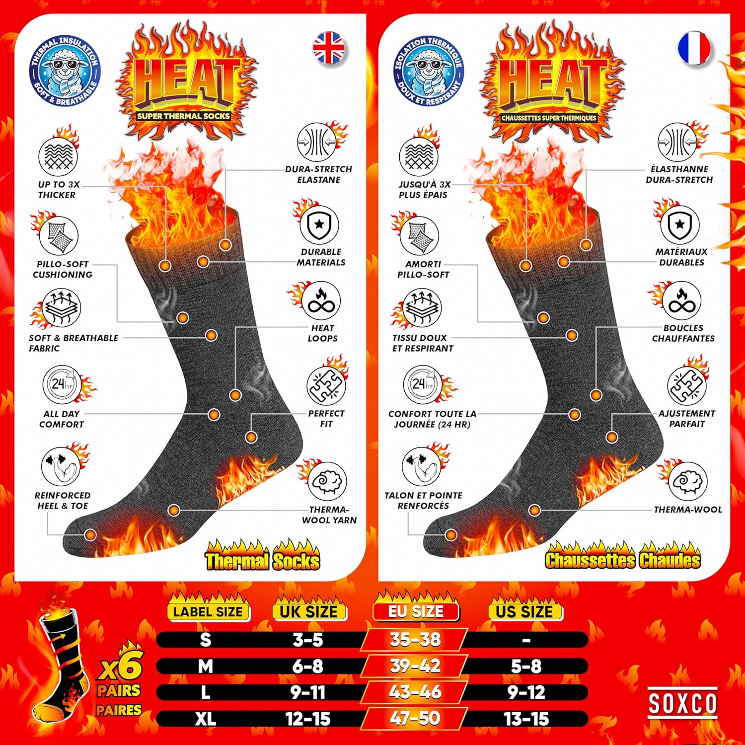 Thumbnail 1 de SOXCO Chaussettes thermiques d’hiver (lot de 6) pour hommes et femmes