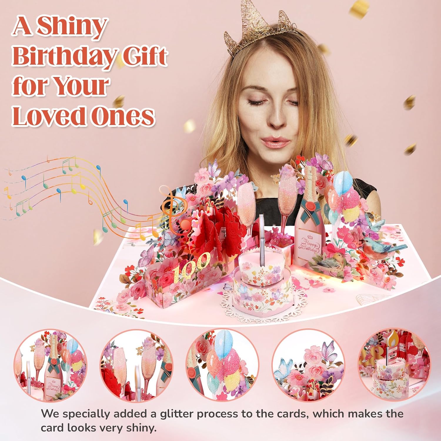 Detalle 2 de Birthday Card, Musical Champagne Pop-Up Card with Blowable Candle & Lights (for Women & Girls, All Ages)