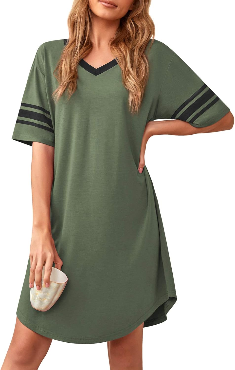 Detalle de Actcat Damen Nachthemd Sexy Schlafshirt mit V-Ausschnitt – weiches Baumwollmischgewebe, Kurzarm, knie-lang