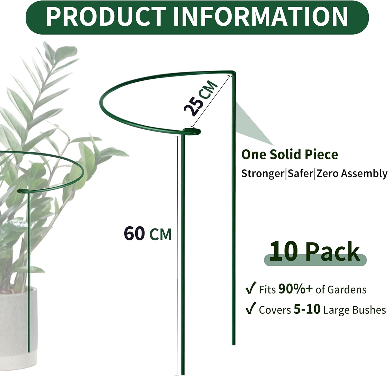 Thumbnail 1 de 10pcs 25x60cm Plant Supports: Thicker 4mm Garden Stakes for Tall Perennials (Green, Weatherproof)