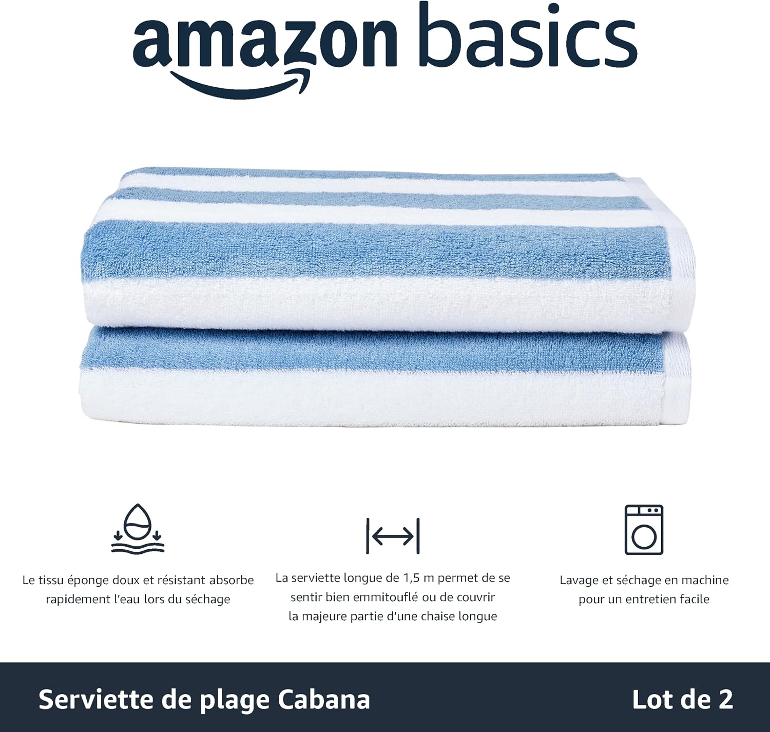 Detalle 2 de Amazon Basics Serviette de plage Cabana 76 x 152 cm – lot de 2, bleu ciel