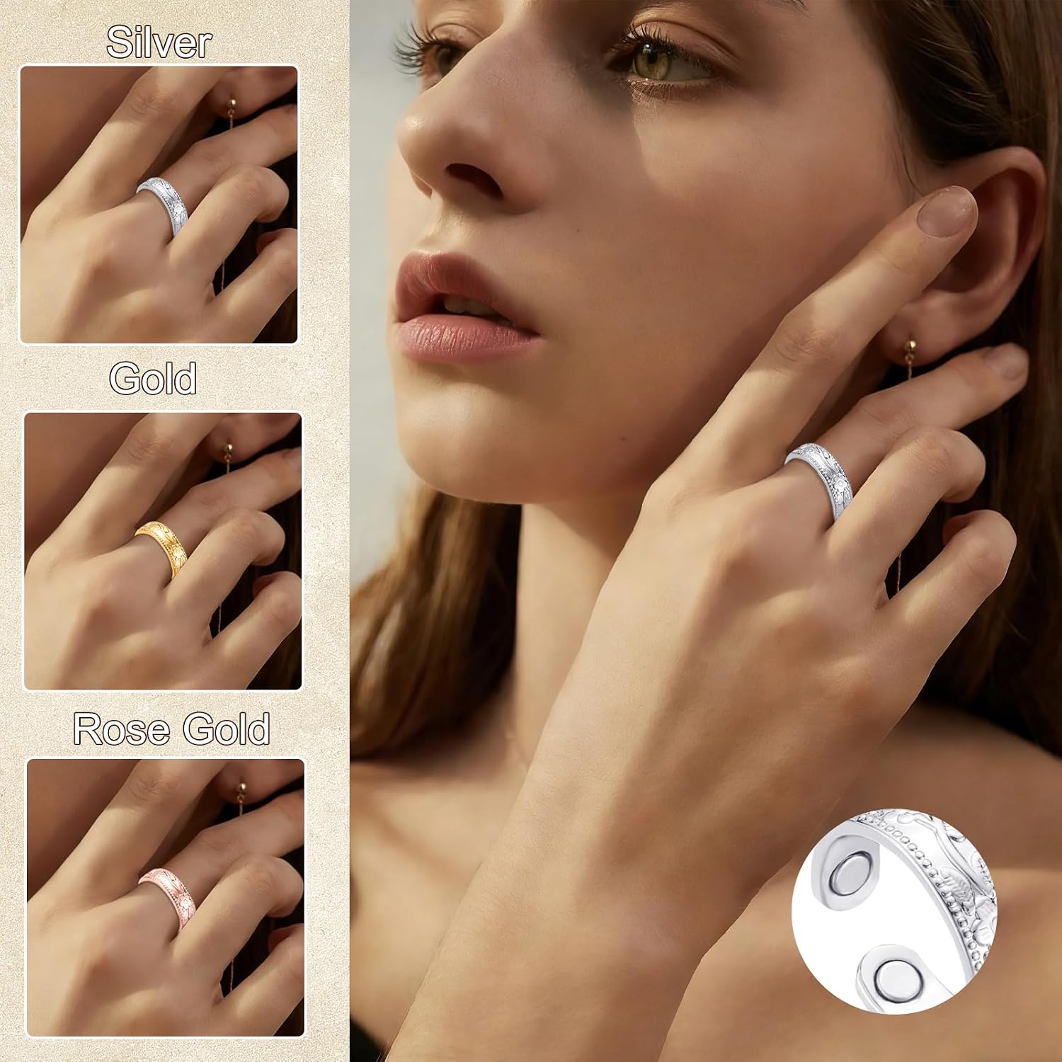 Detalle 2 de Zecimi Magnetring Silber (2026) – verstellbarer Anti-Stress-Ring mit Magnetkraft für Alltag und Schlaf