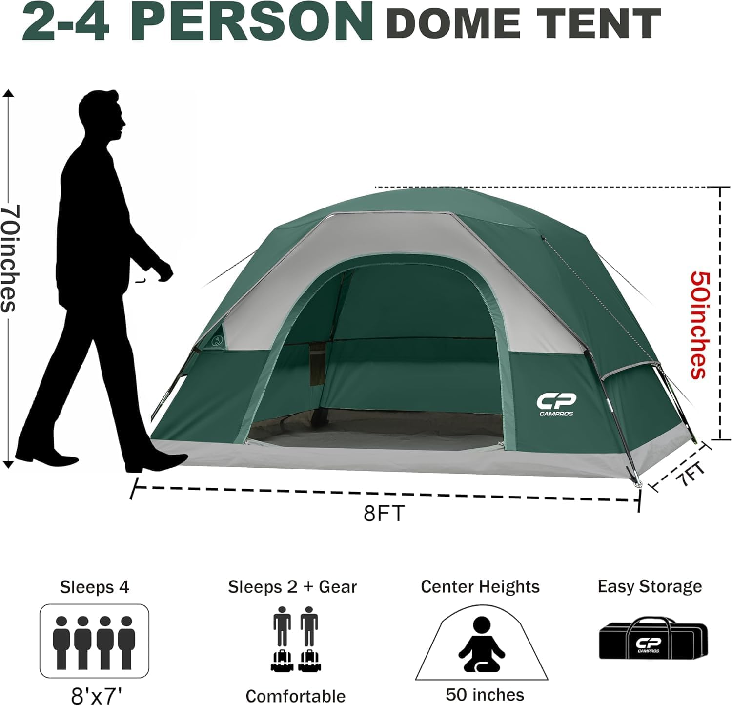 Detalle de CAMPROS CP Camping Tent 2/4/6 Person — Waterproof, Windproof Double Layer Dome Tent