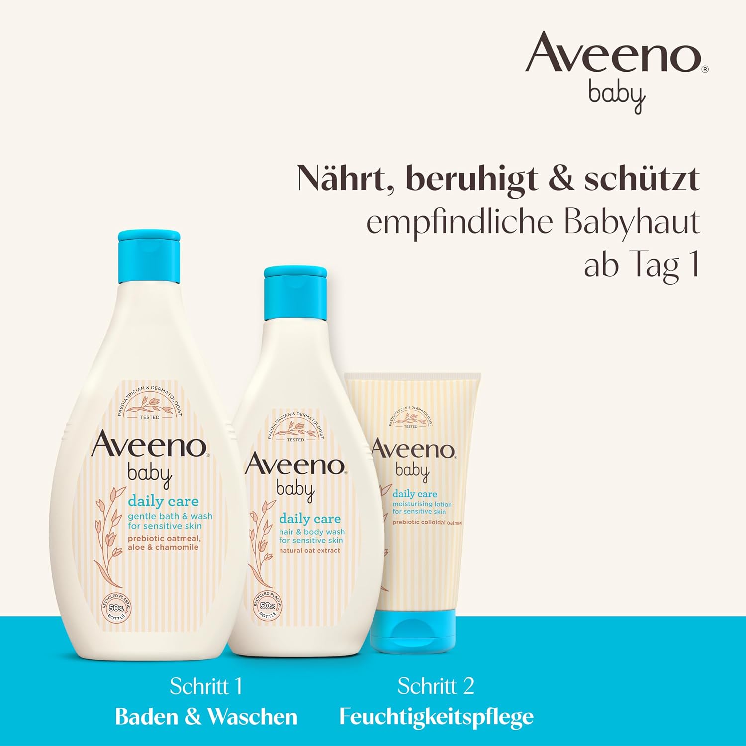 Detalle 2 de Aveeno Baby Daily Care Body Lotion mit präbiotischem kolloidalem Hafermehl (150 ml) für normale bis trockene, empfindliche Haut